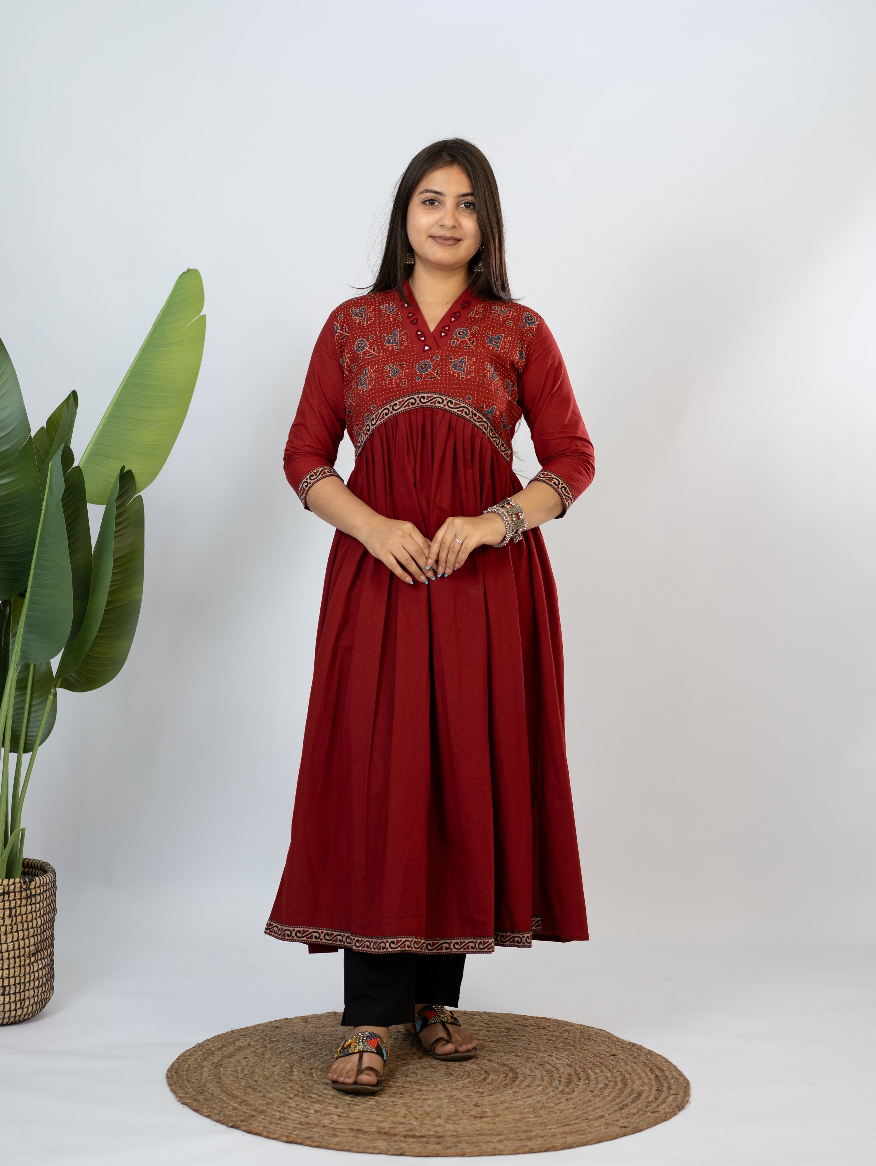 Yashi Red Cotton Alia Ajrakh Embroidered A-line Kurta