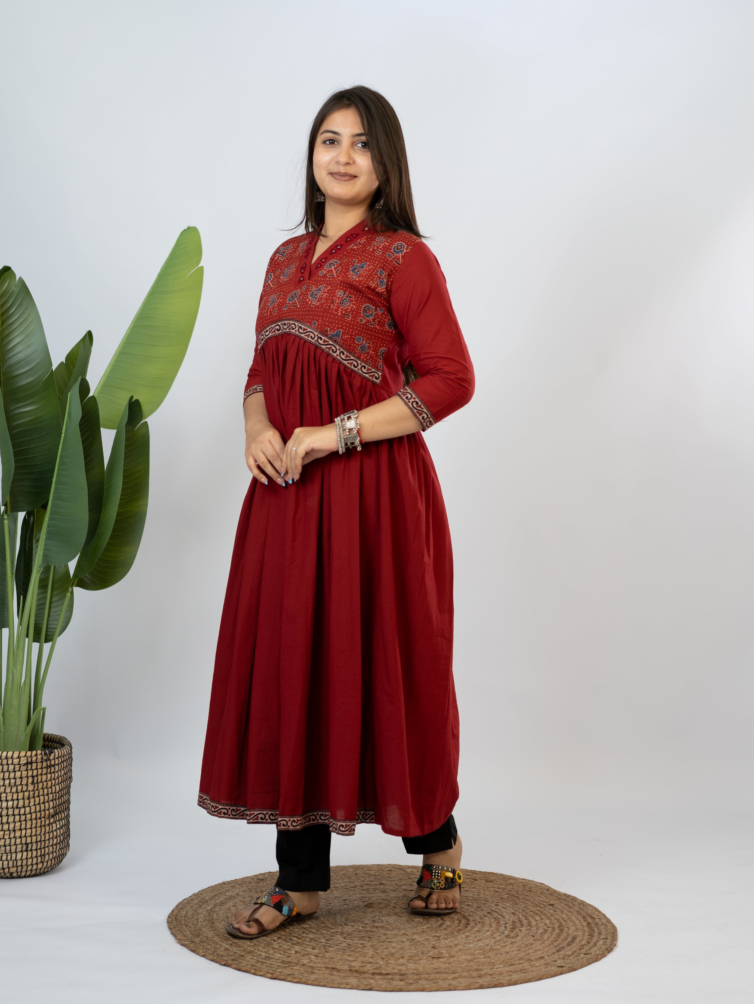 Yashi Red Cotton Alia Ajrakh Embroidered A-line Kurta