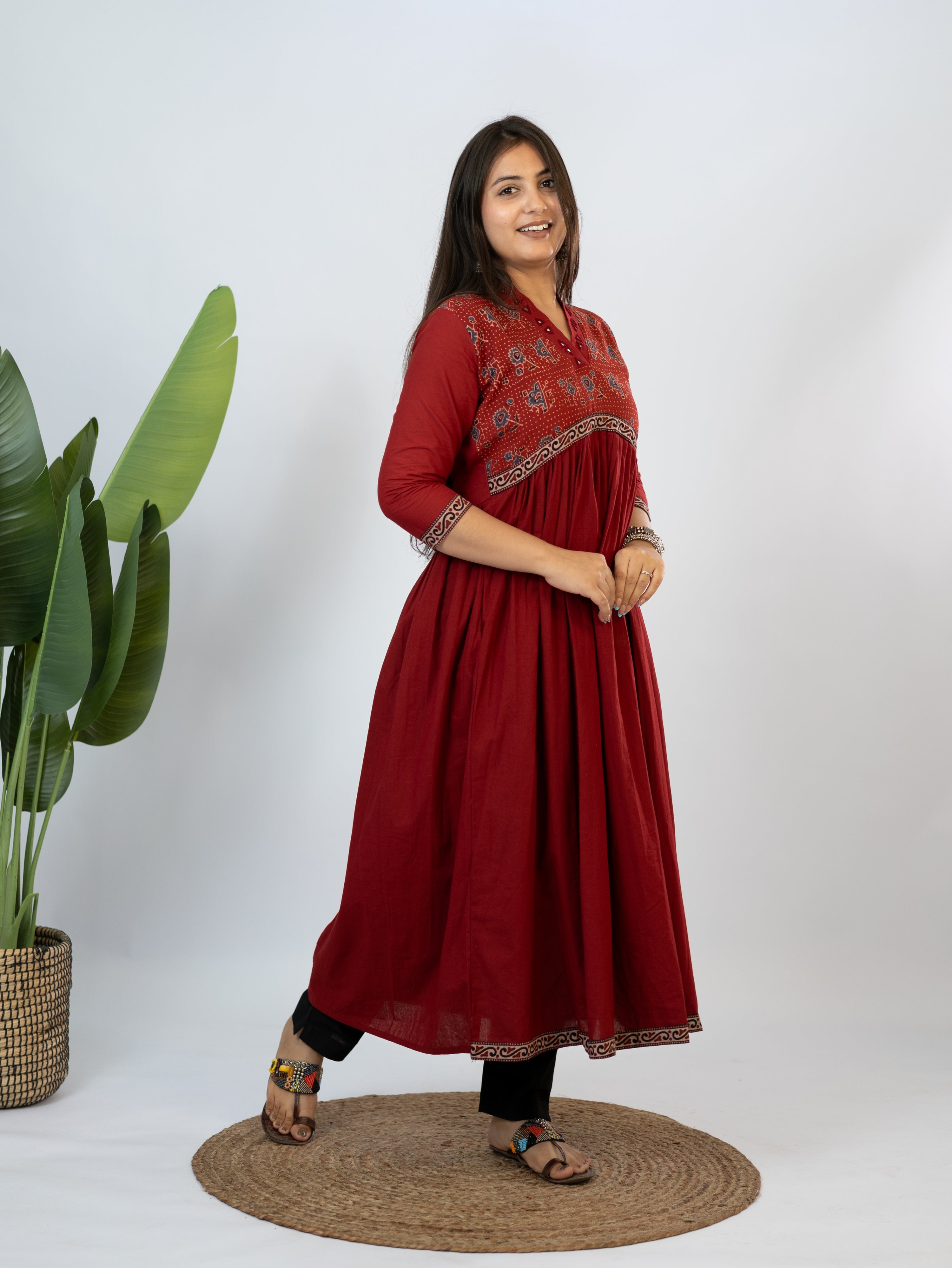 Yashi Red Cotton Alia Ajrakh Embroidered A-line Kurta