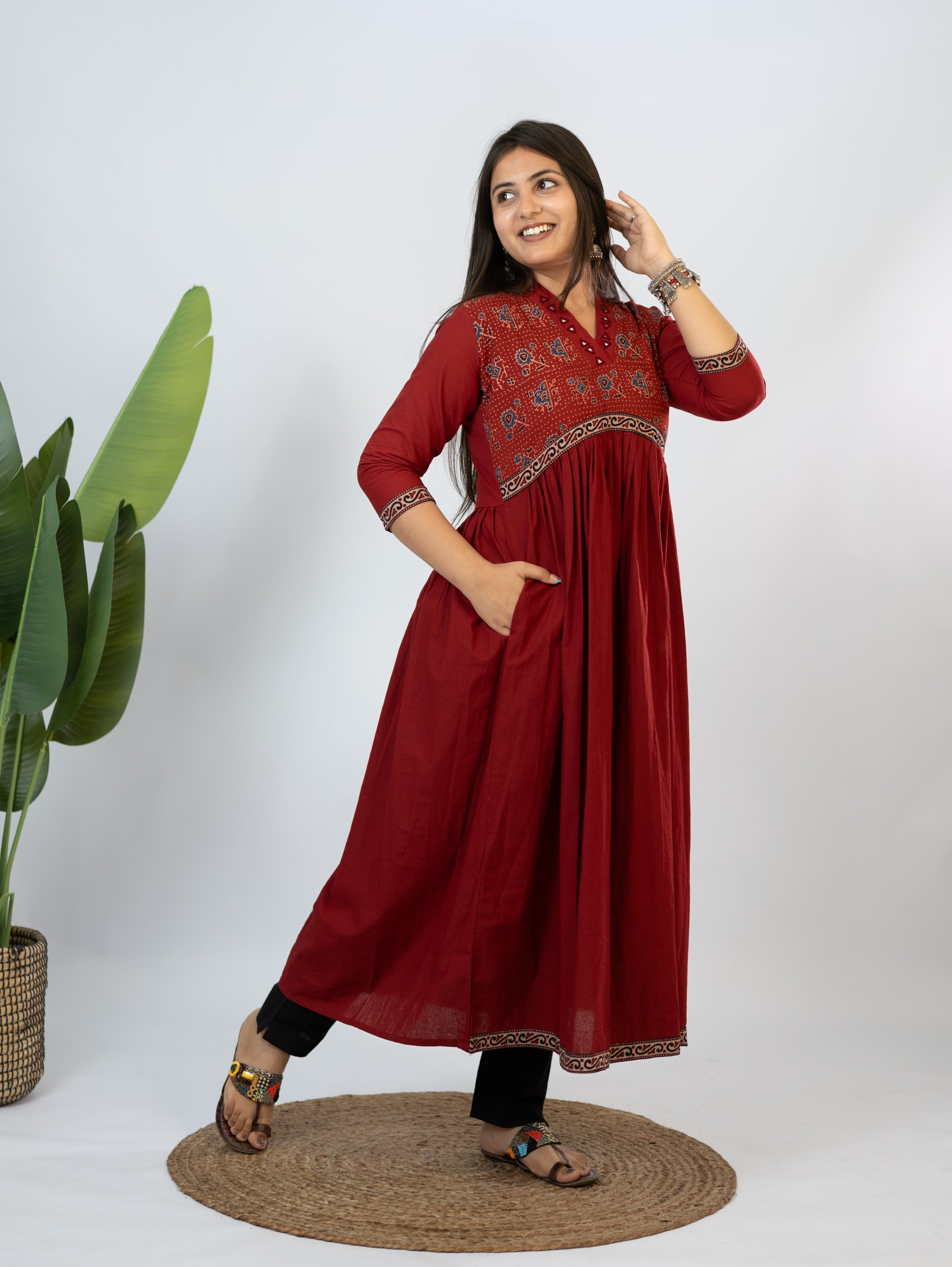 Yashi Red Cotton Alia Ajrakh Embroidered A-line Kurta