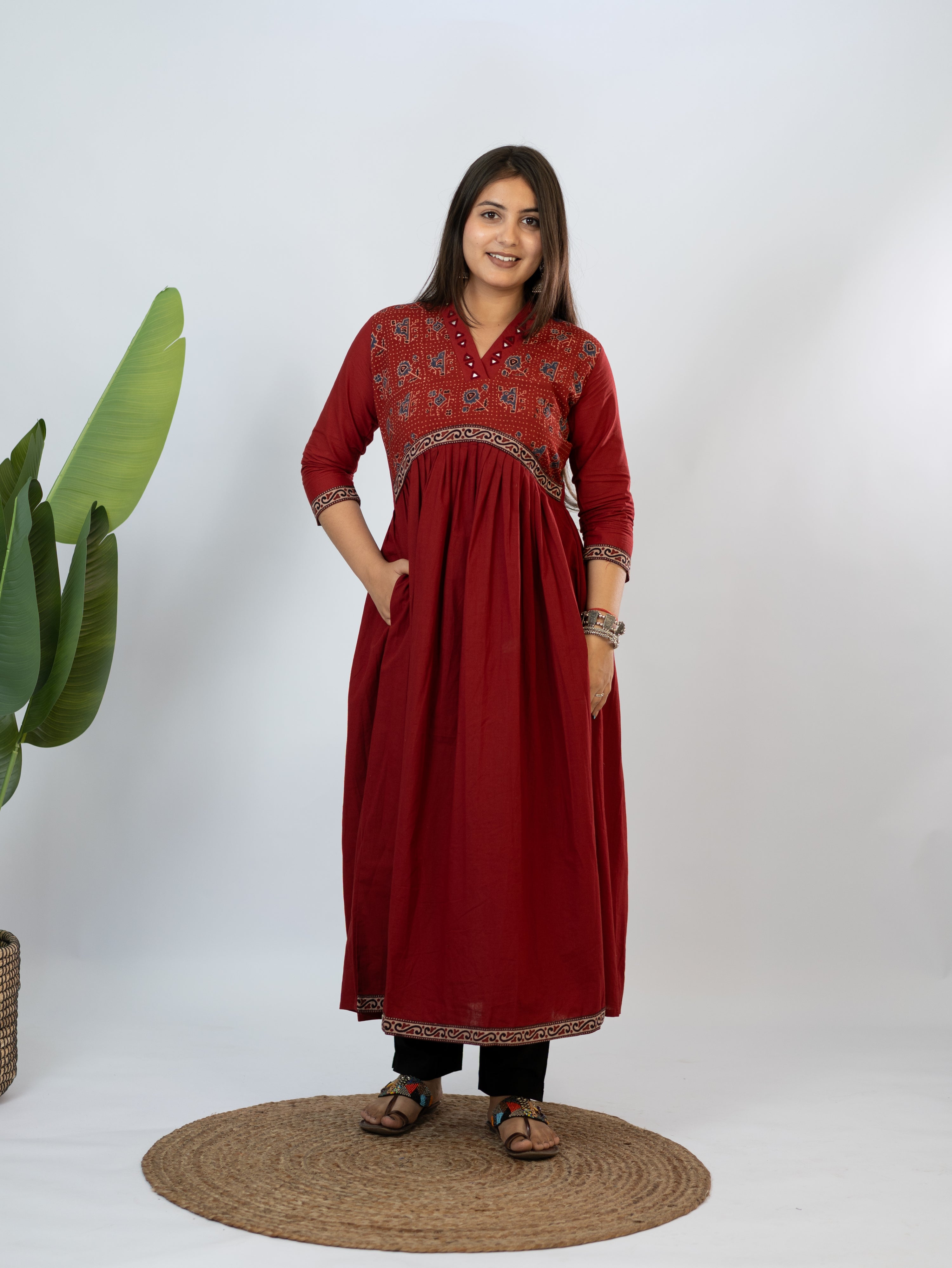 Yashi Red Cotton Alia Ajrakh Embroidered A-line Kurta