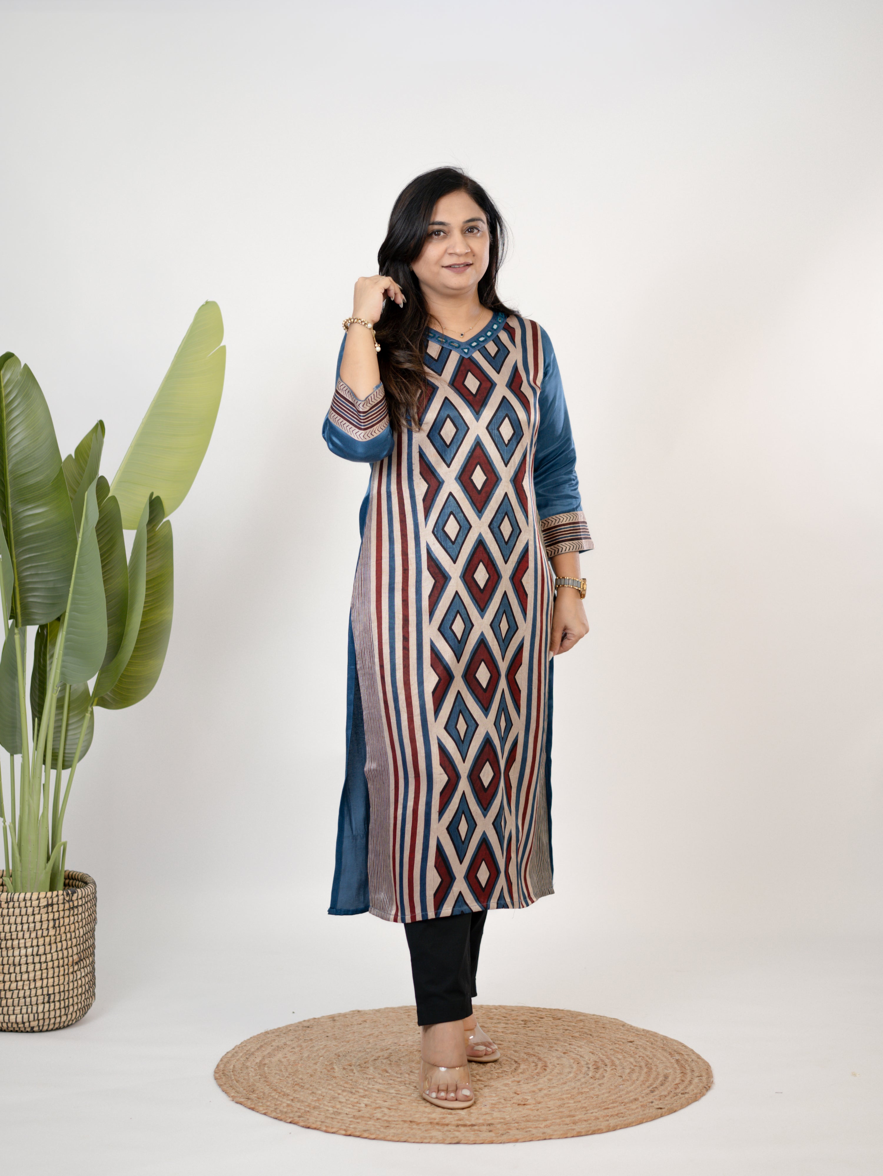 Shriya Blue Designer Mashru Silk Ajrakh Embroidered Kurta