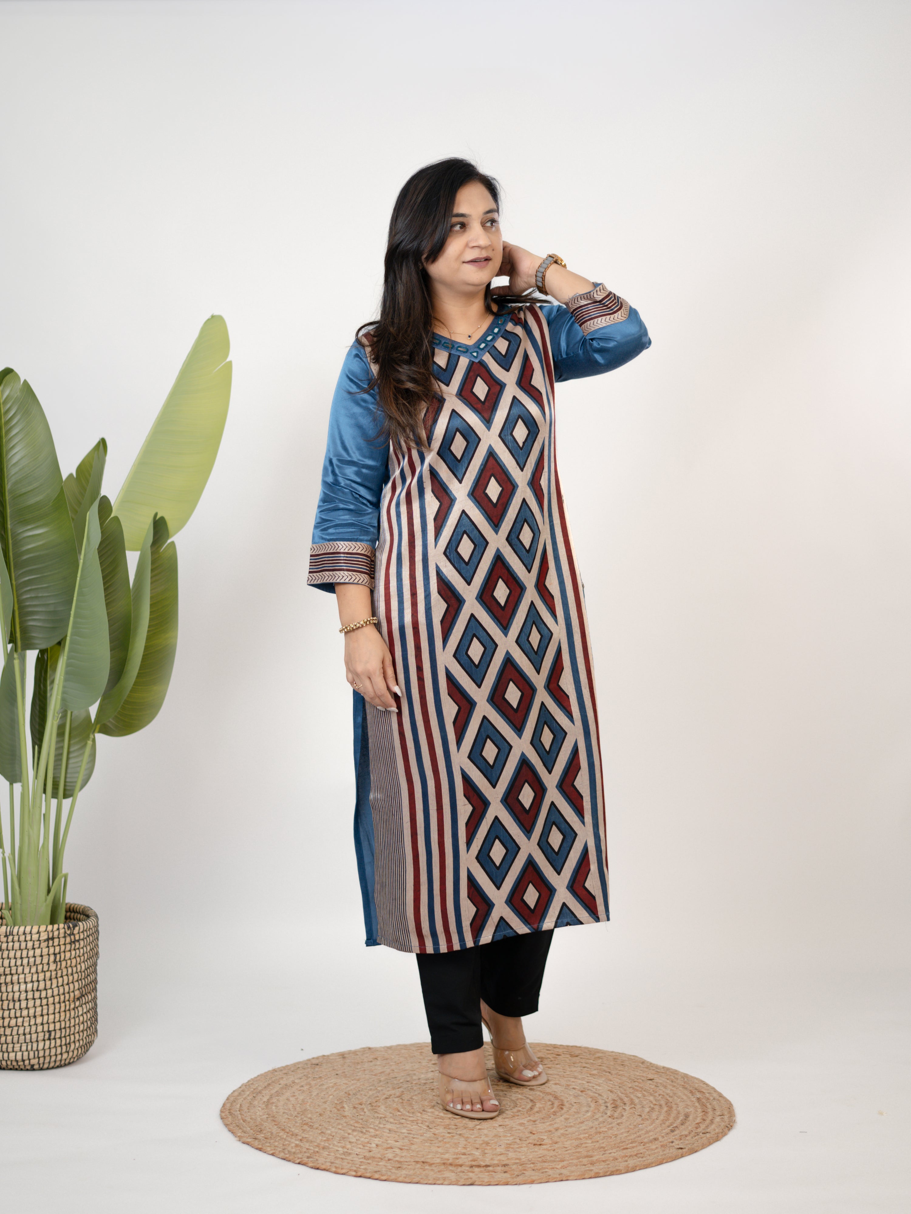 Shriya Blue Designer Mashru Silk Ajrakh Embroidered Kurta