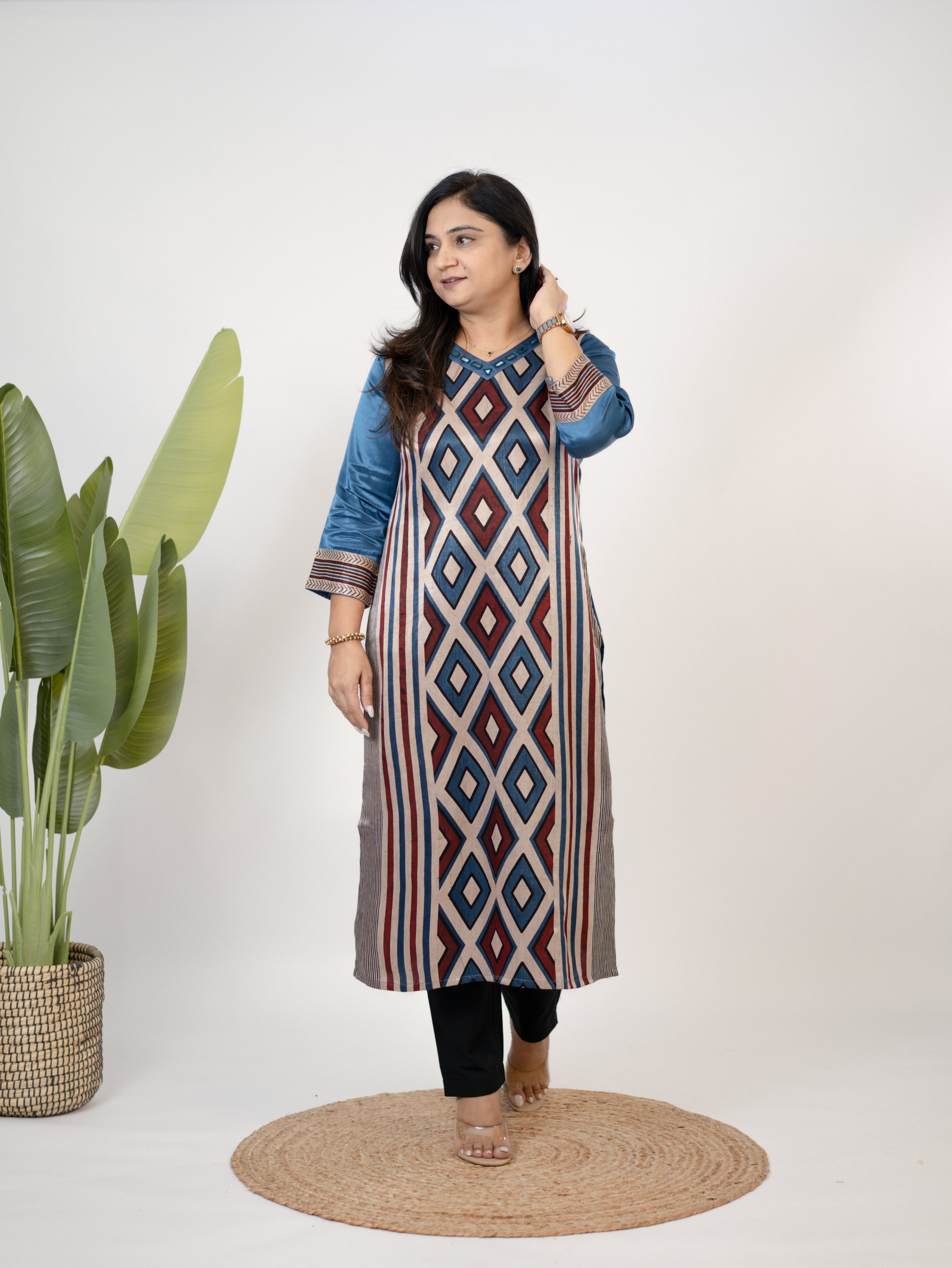 Shriya Blue Designer Mashru Silk Ajrakh Embroidered Kurta