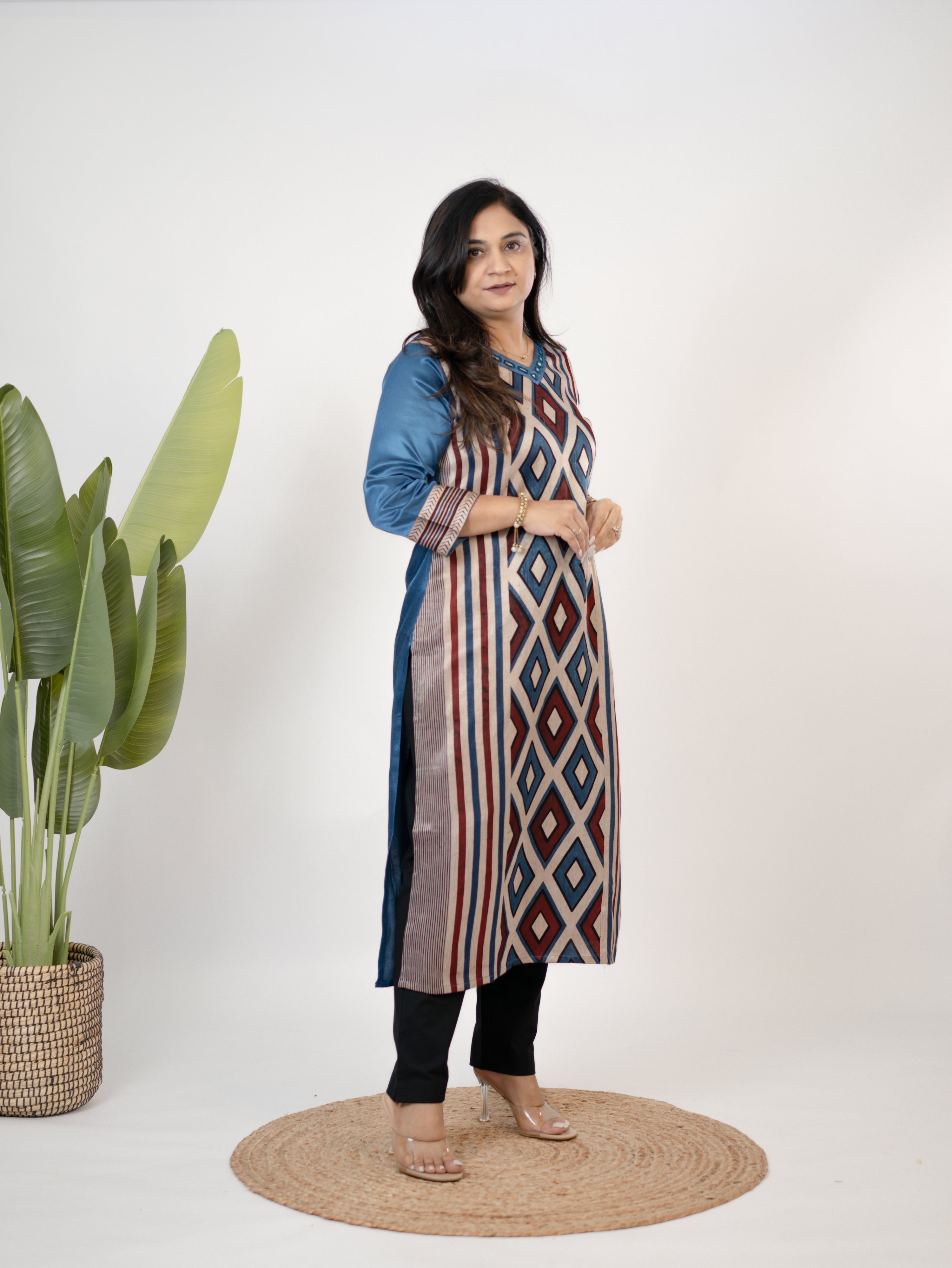 Shriya Blue Designer Mashru Silk Ajrakh Embroidered Kurta