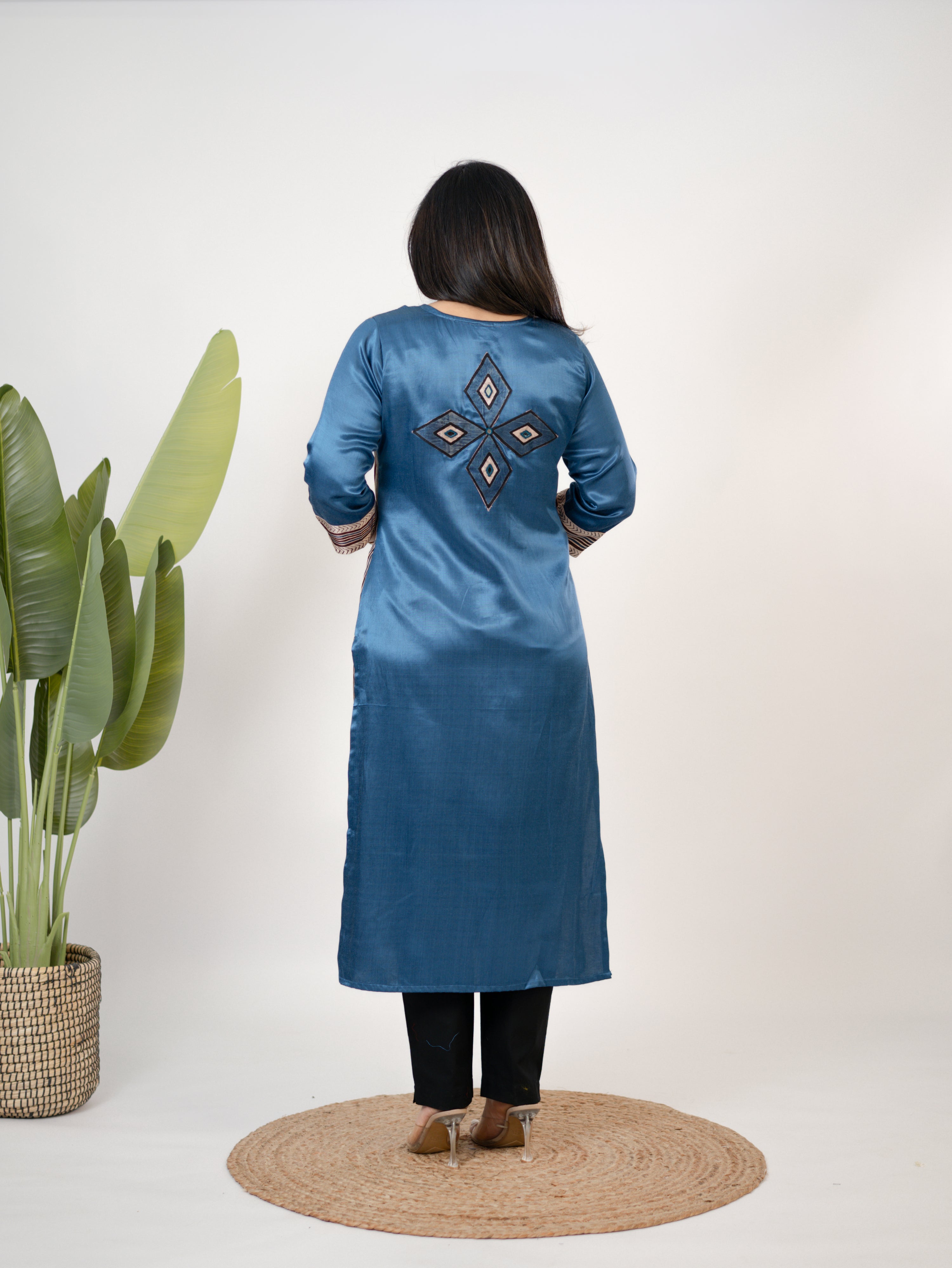 Shriya Blue Designer Mashru Silk Ajrakh Embroidered Kurta