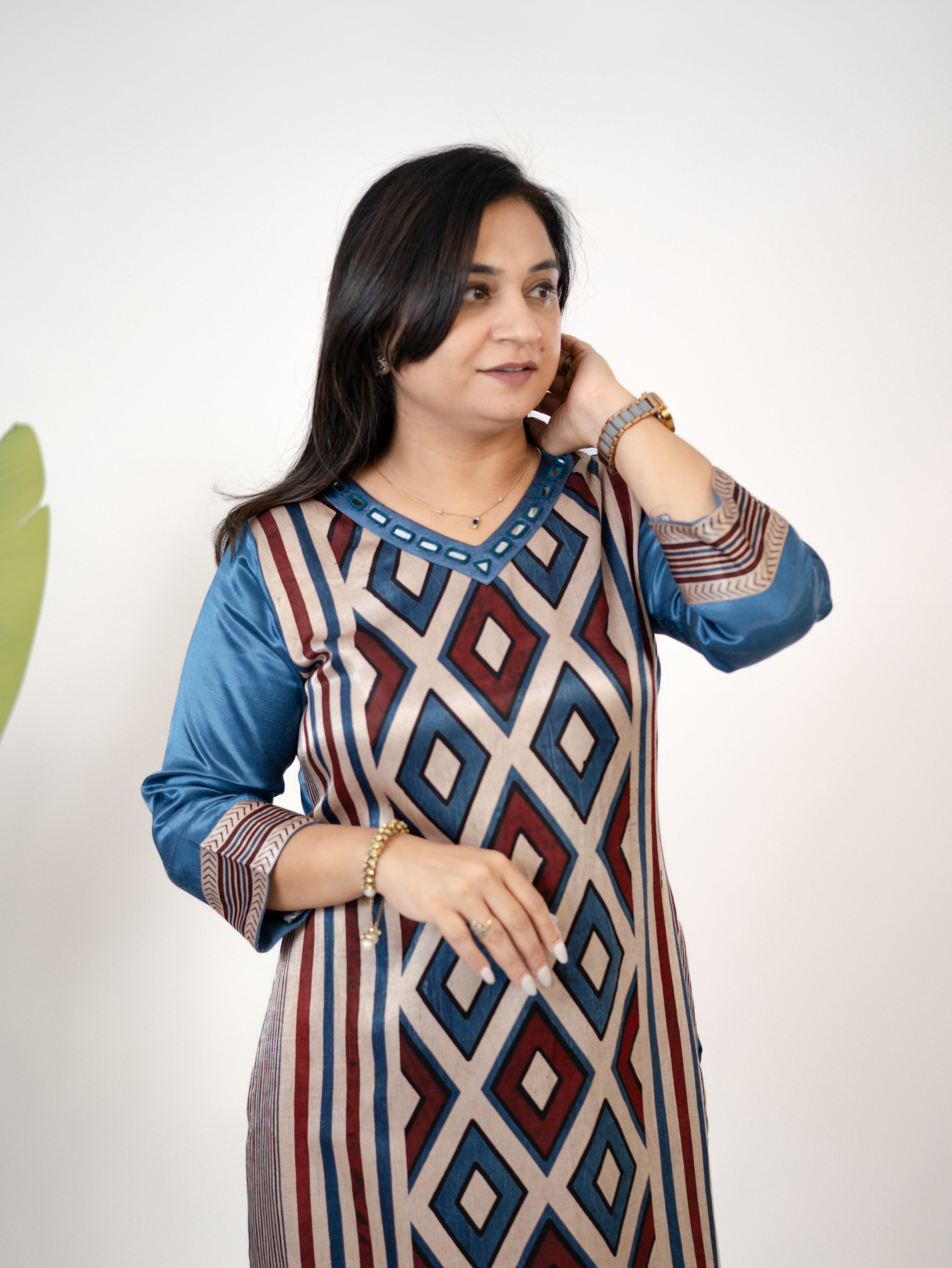 Shriya Blue Designer Mashru Silk Ajrakh Embroidered Kurta