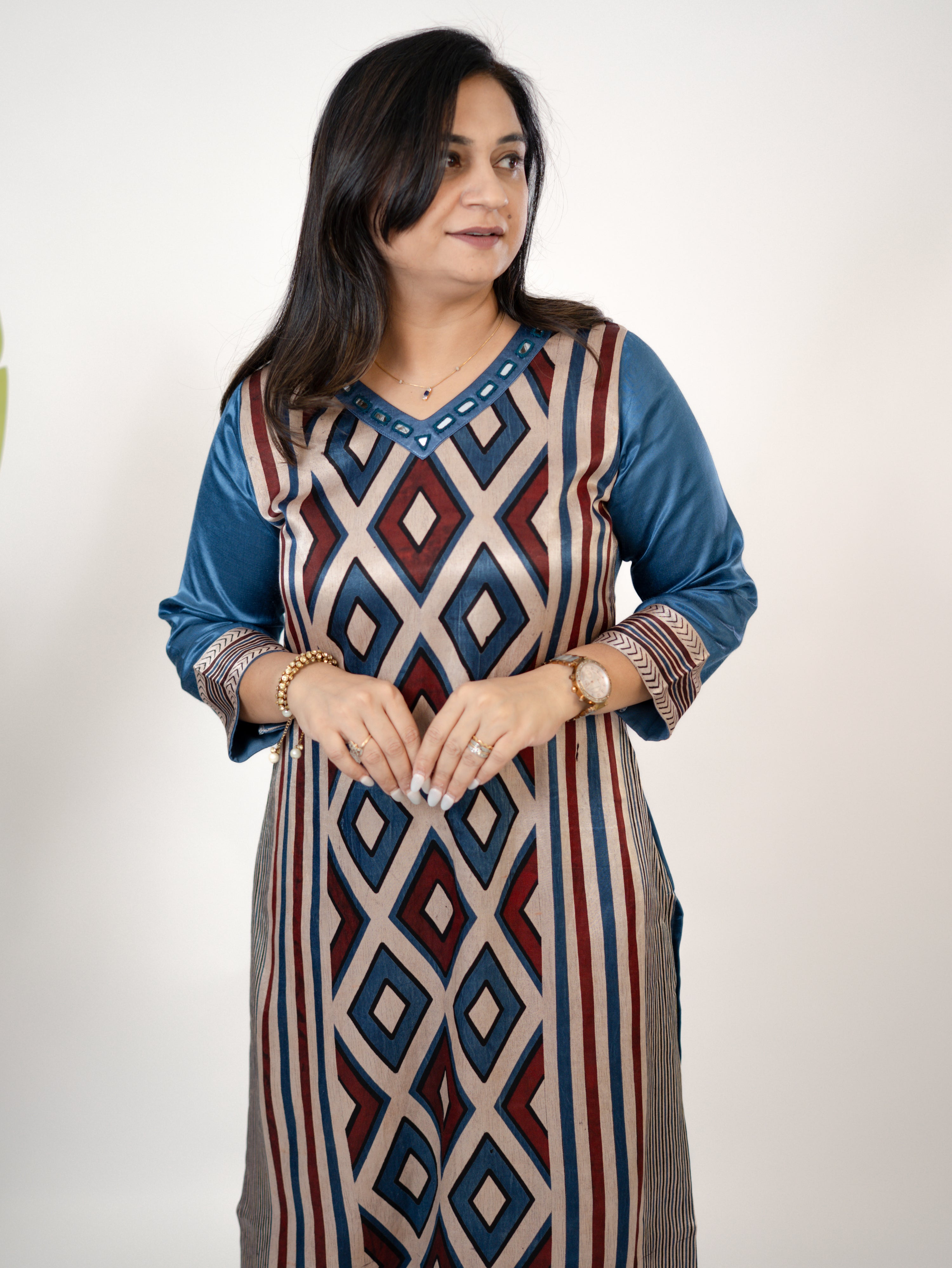 Shriya Blue Designer Mashru Silk Ajrakh Embroidered Kurta