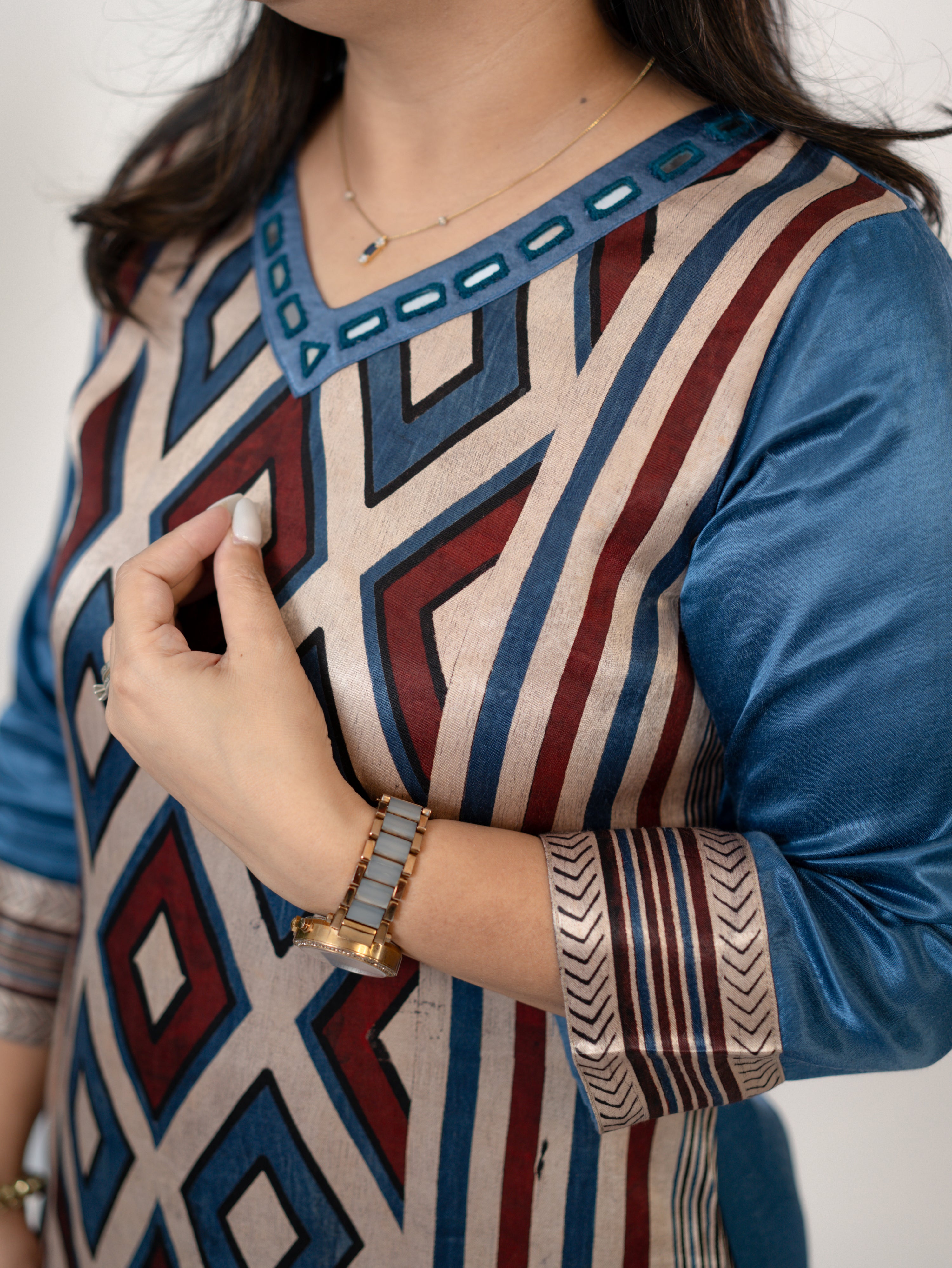 Shriya Blue Designer Mashru Silk Ajrakh Embroidered Kurta