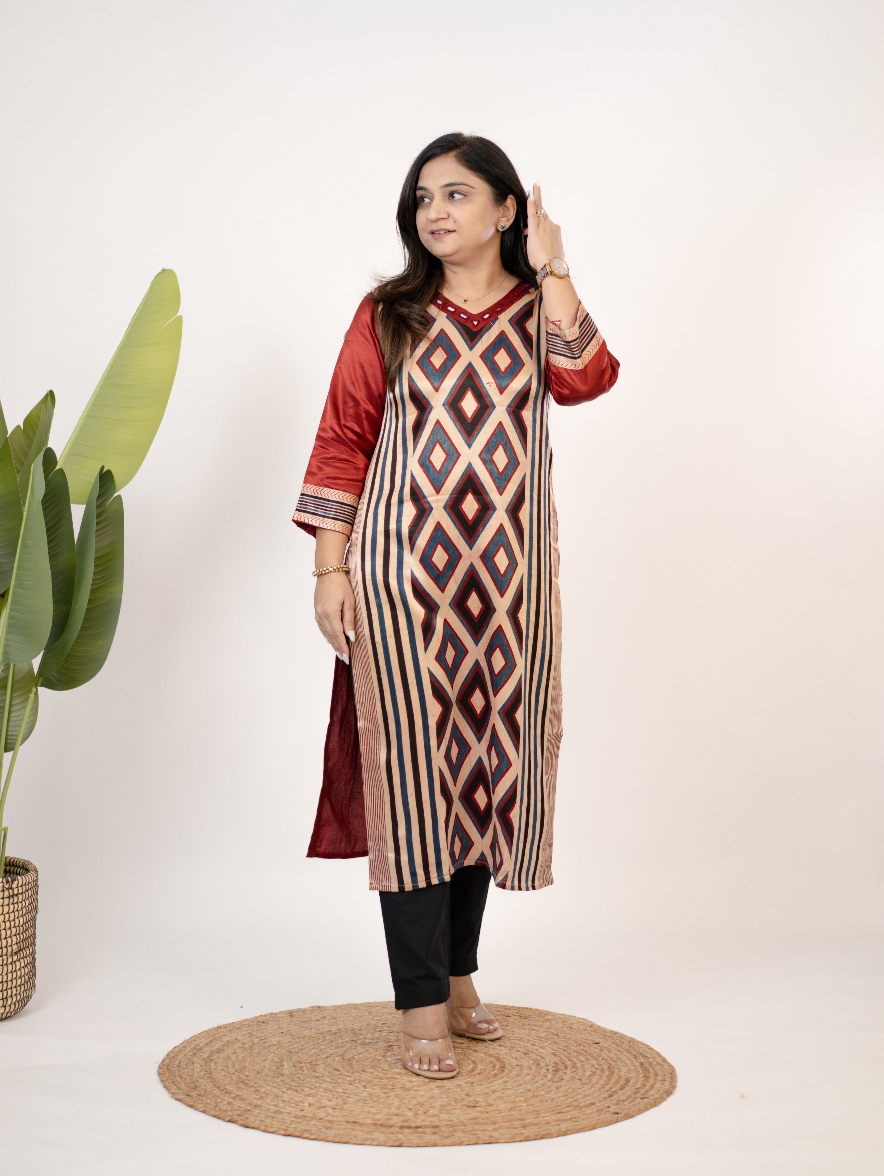 Shriya Red Designer Mashru Silk Ajrakh Embroidered Kurta