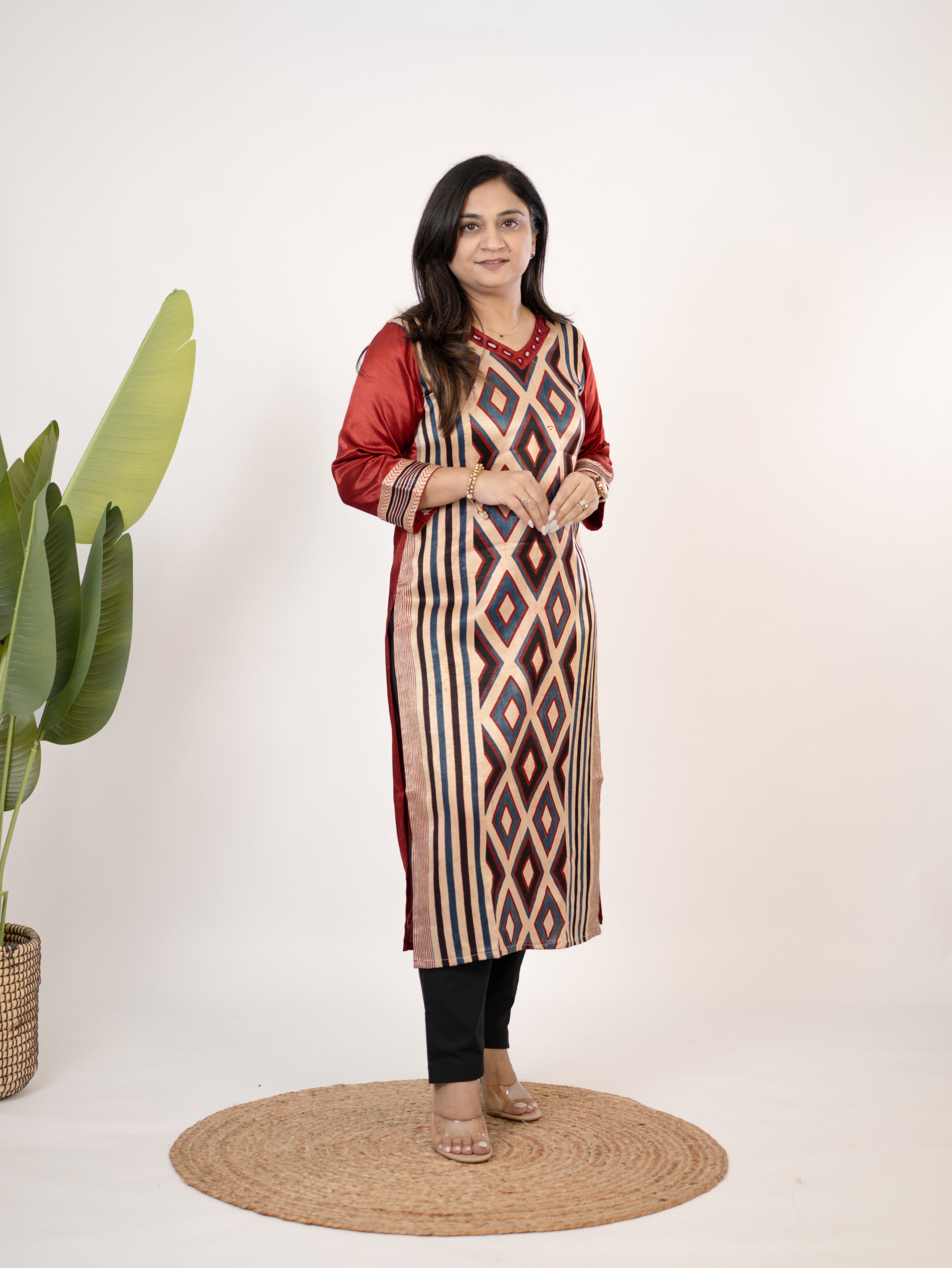 Shriya Red Designer Mashru Silk Ajrakh Embroidered Kurta