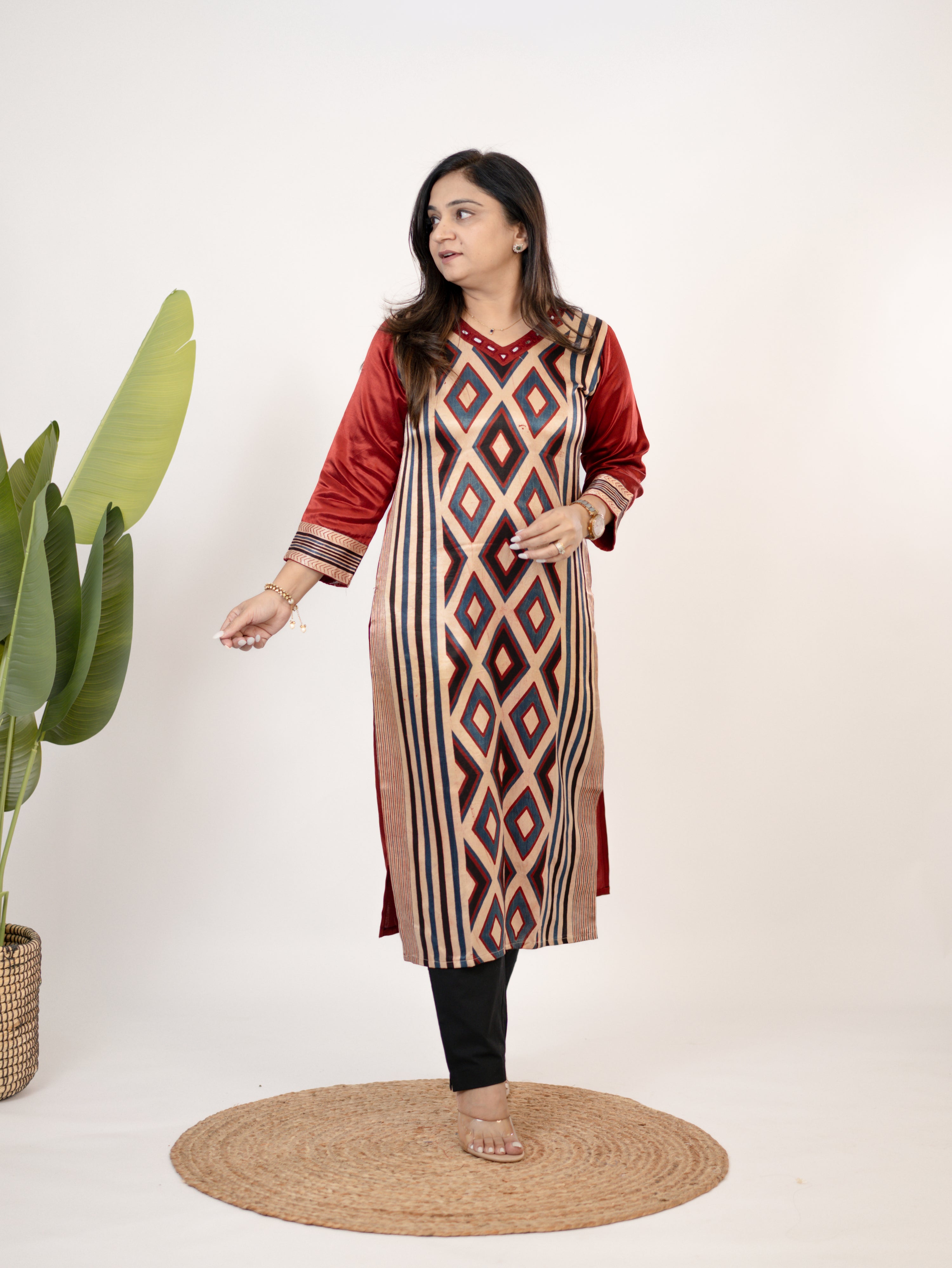 Shriya Red Designer Mashru Silk Ajrakh Embroidered Kurta