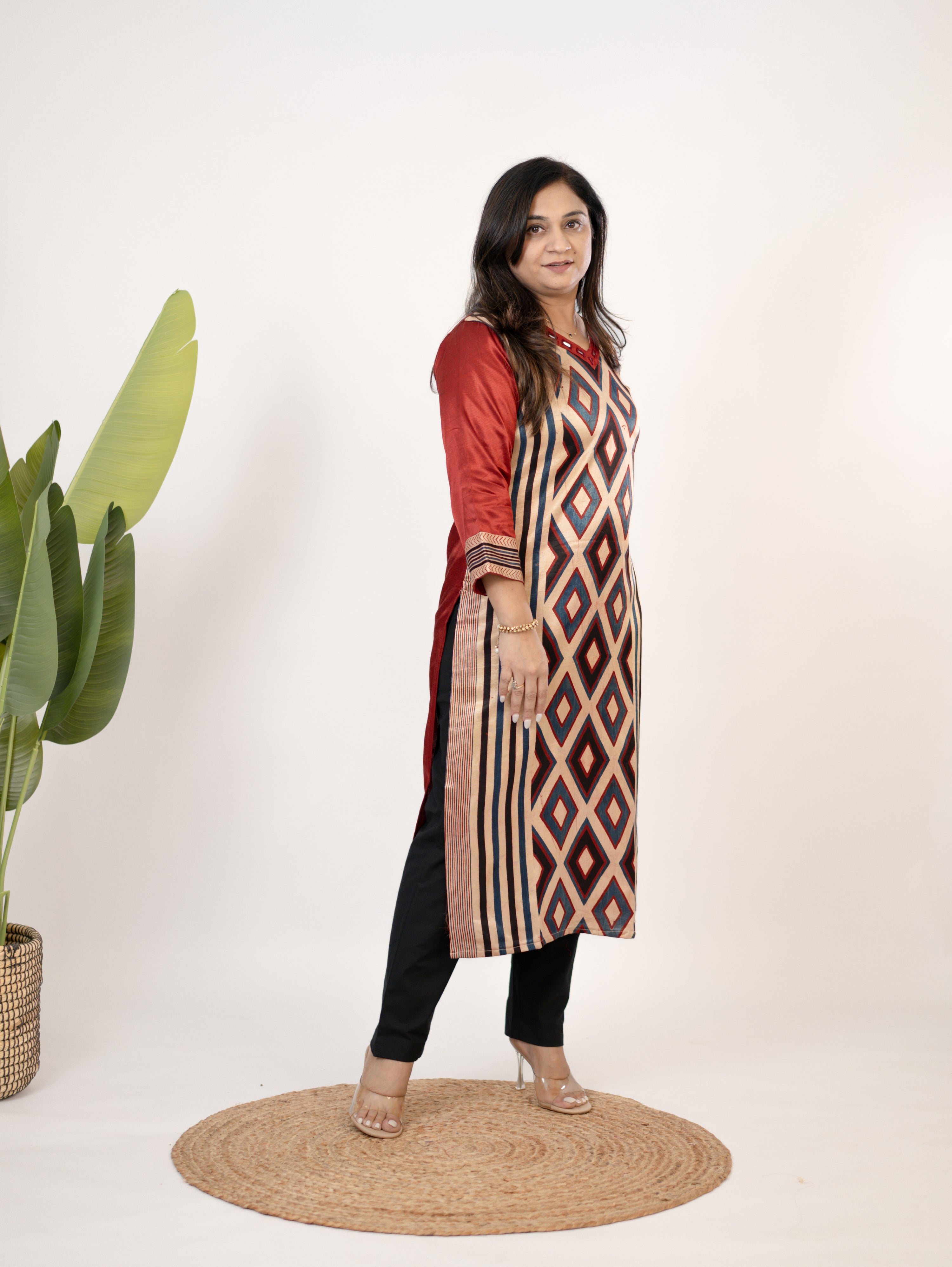 Shriya Red Designer Mashru Silk Ajrakh Embroidered Kurta