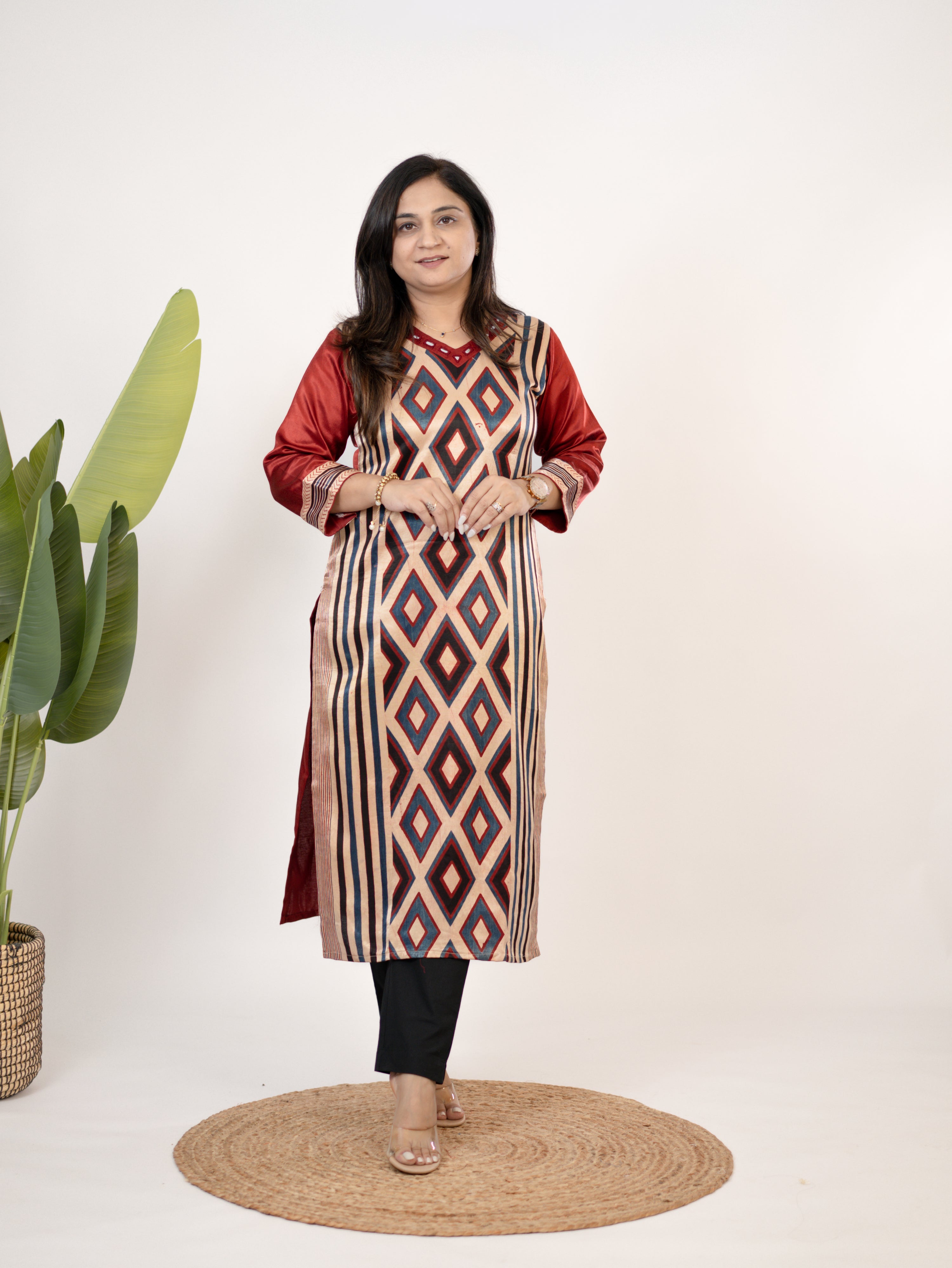 Shriya Red Designer Mashru Silk Ajrakh Embroidered Kurta