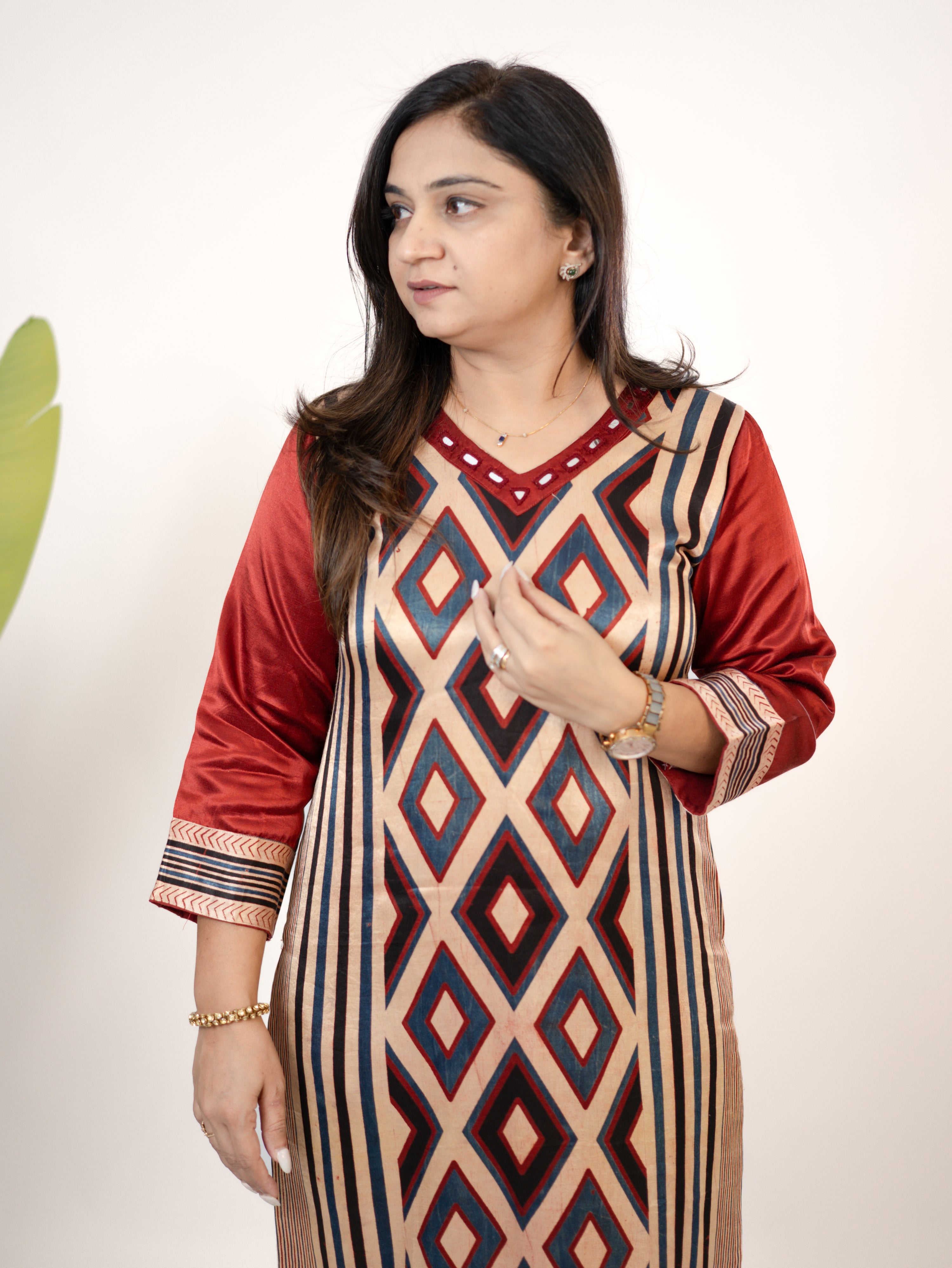 Shriya Red Designer Mashru Silk Ajrakh Embroidered Kurta