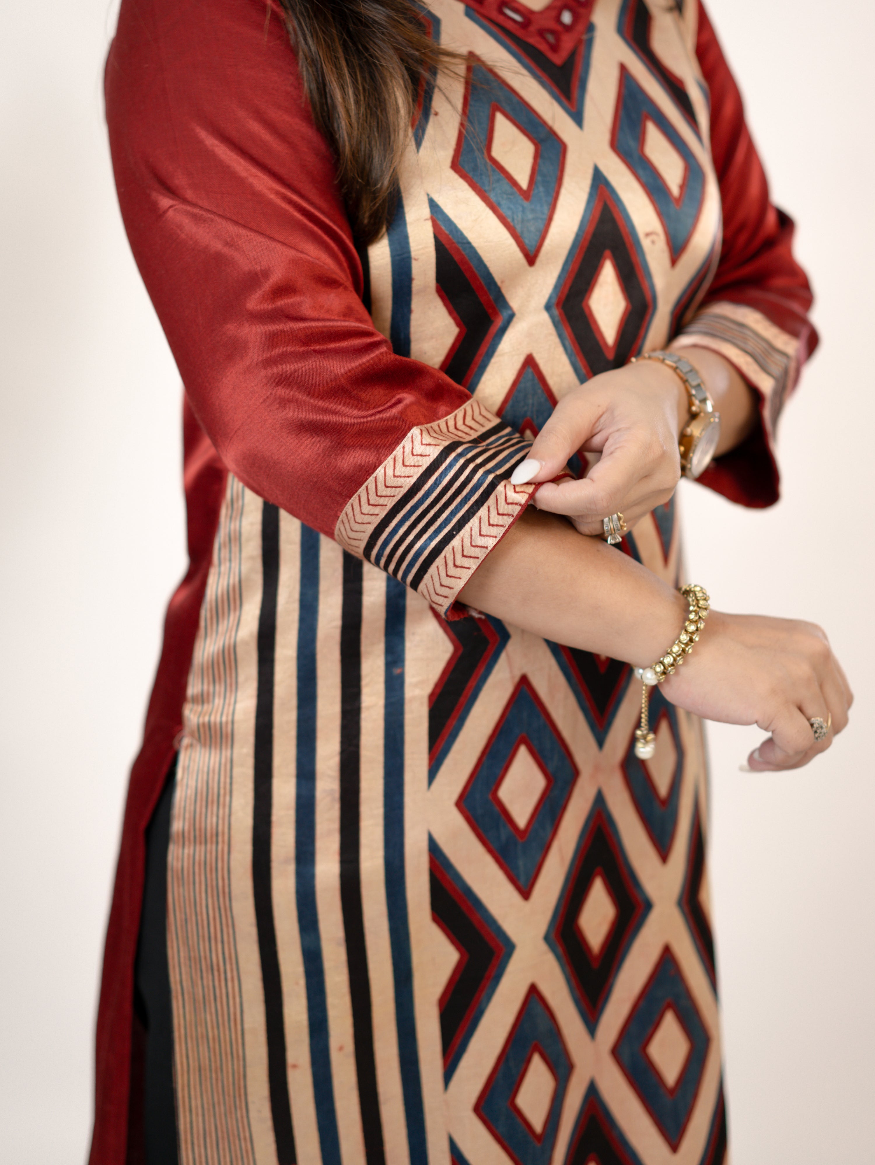 Shriya Red Designer Mashru Silk Ajrakh Embroidered Kurta