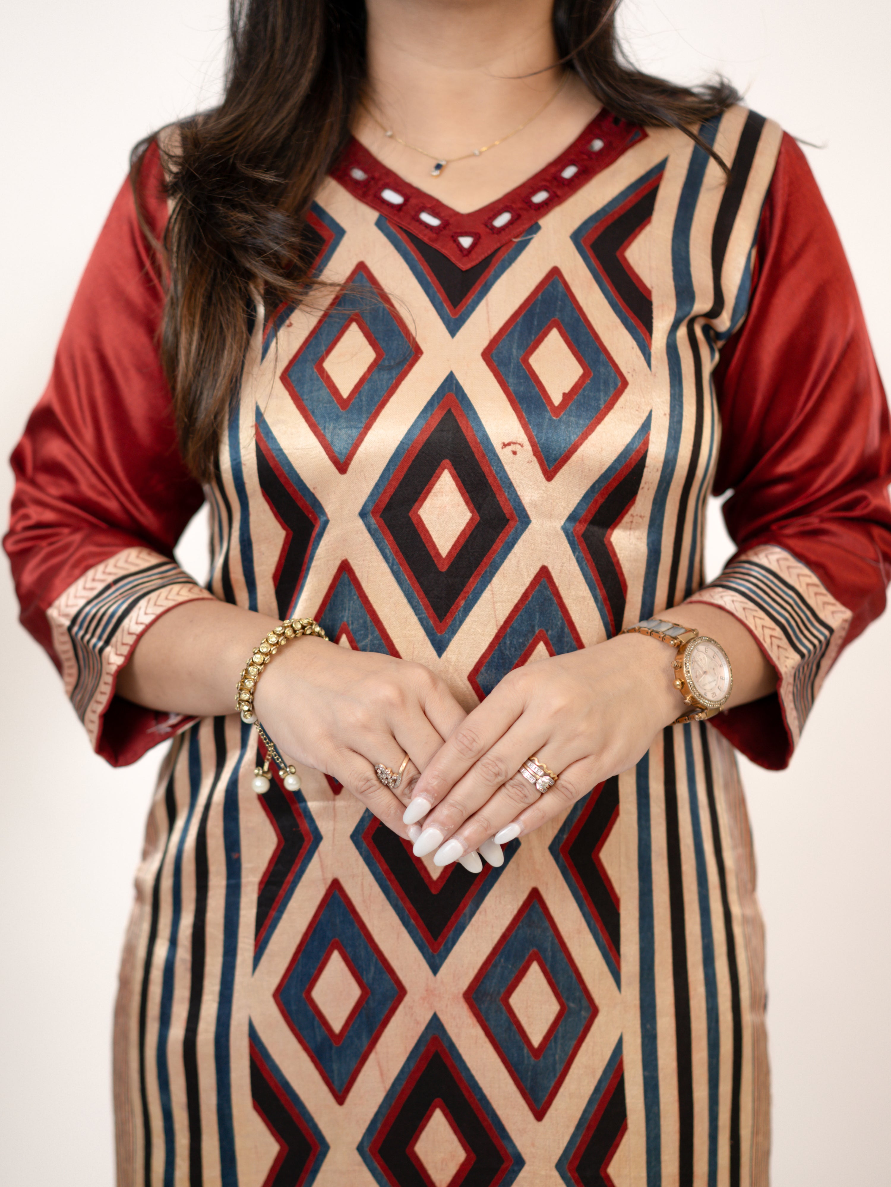 Shriya Red Designer Mashru Silk Ajrakh Embroidered Kurta