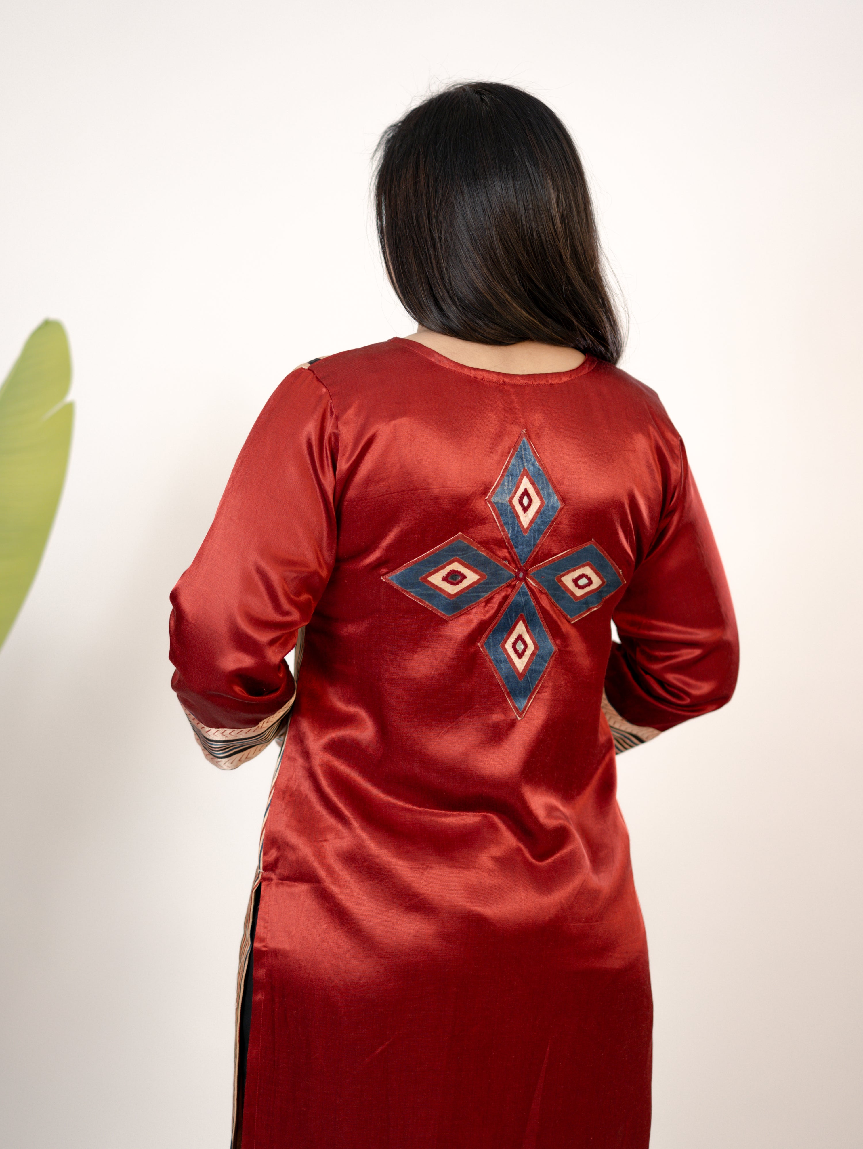Shriya Red Designer Mashru Silk Ajrakh Embroidered Kurta