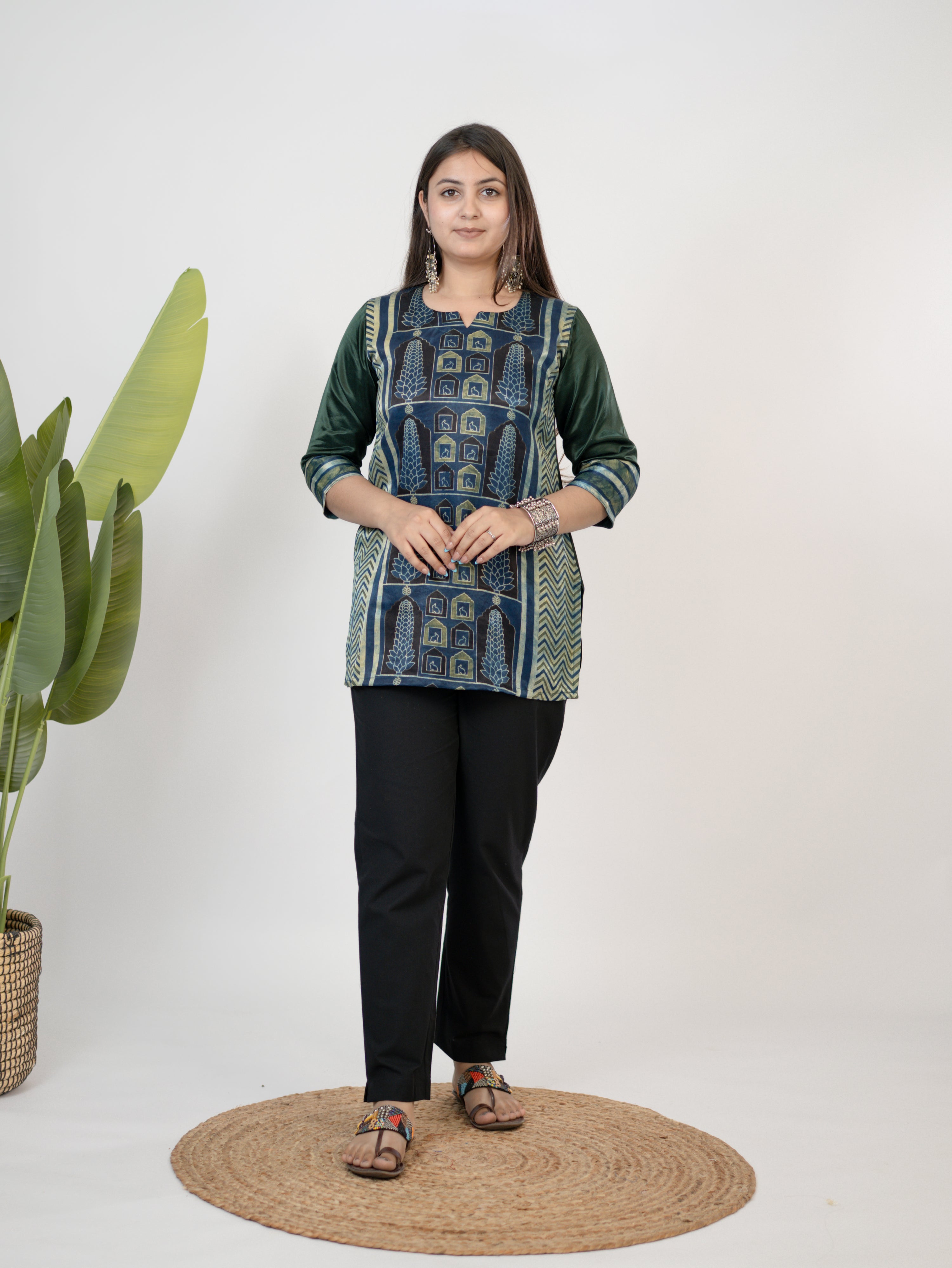 Kinjal Green Designer Mashru Silk Ajrakh Short Top