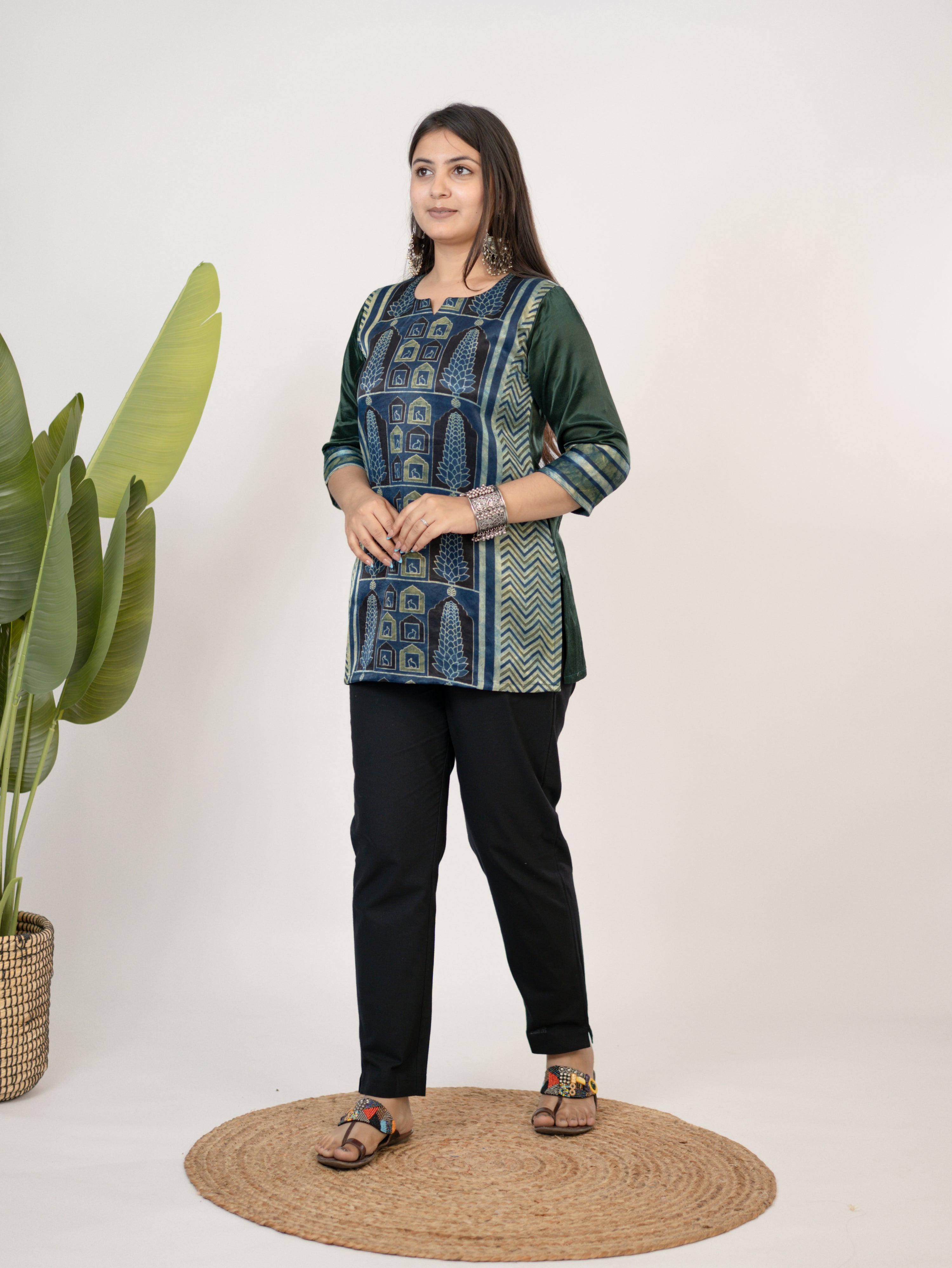 Kinjal Green Designer Mashru Silk Ajrakh Short Top