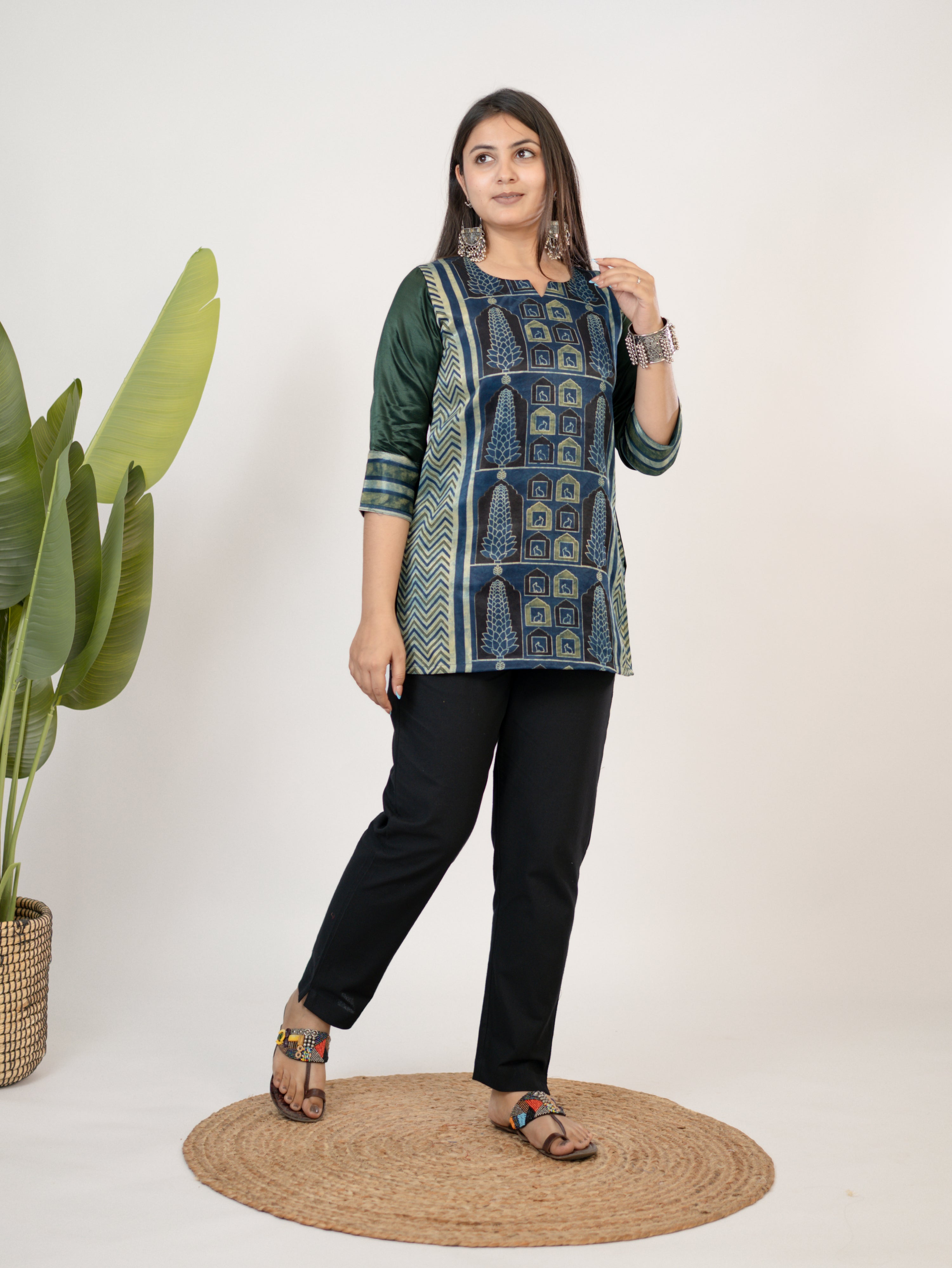 Kinjal Green Designer Mashru Silk Ajrakh Short Top