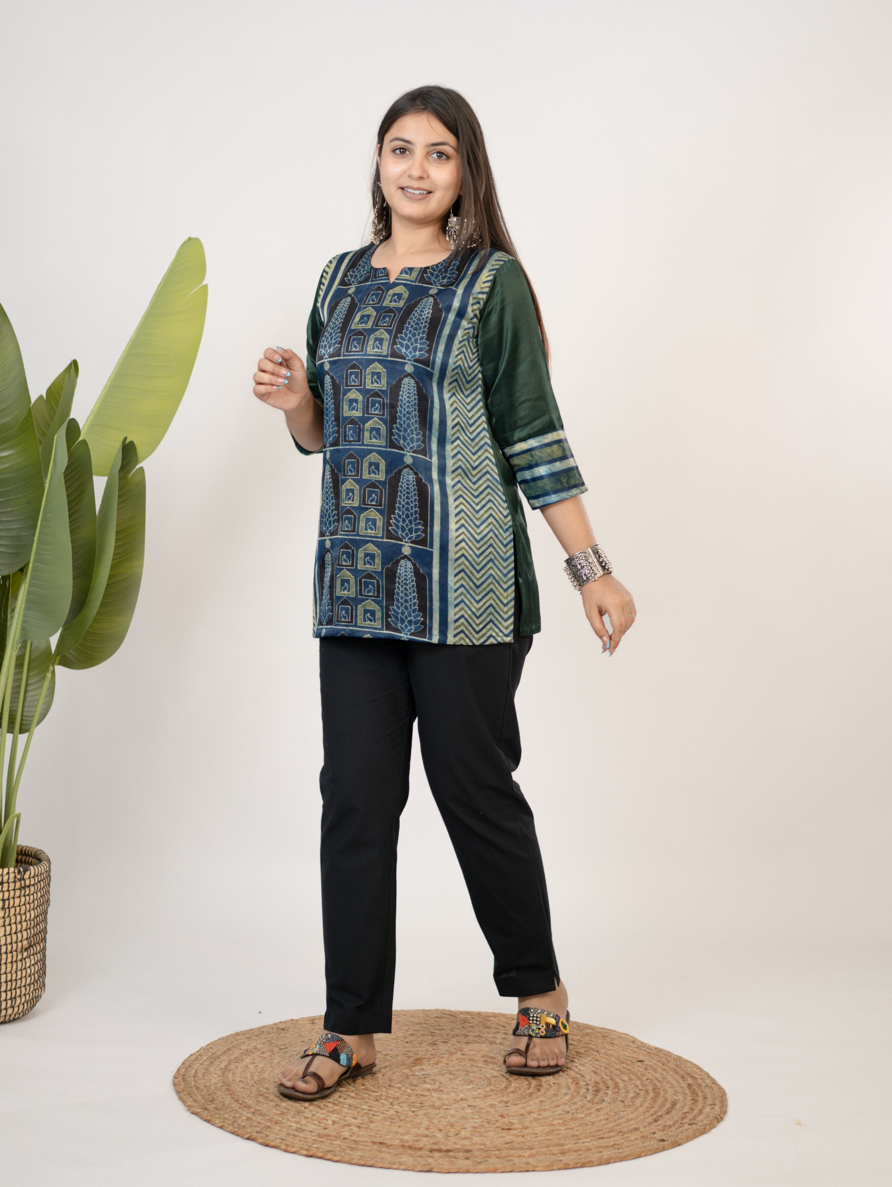 Kinjal Green Designer Mashru Silk Ajrakh Short Top