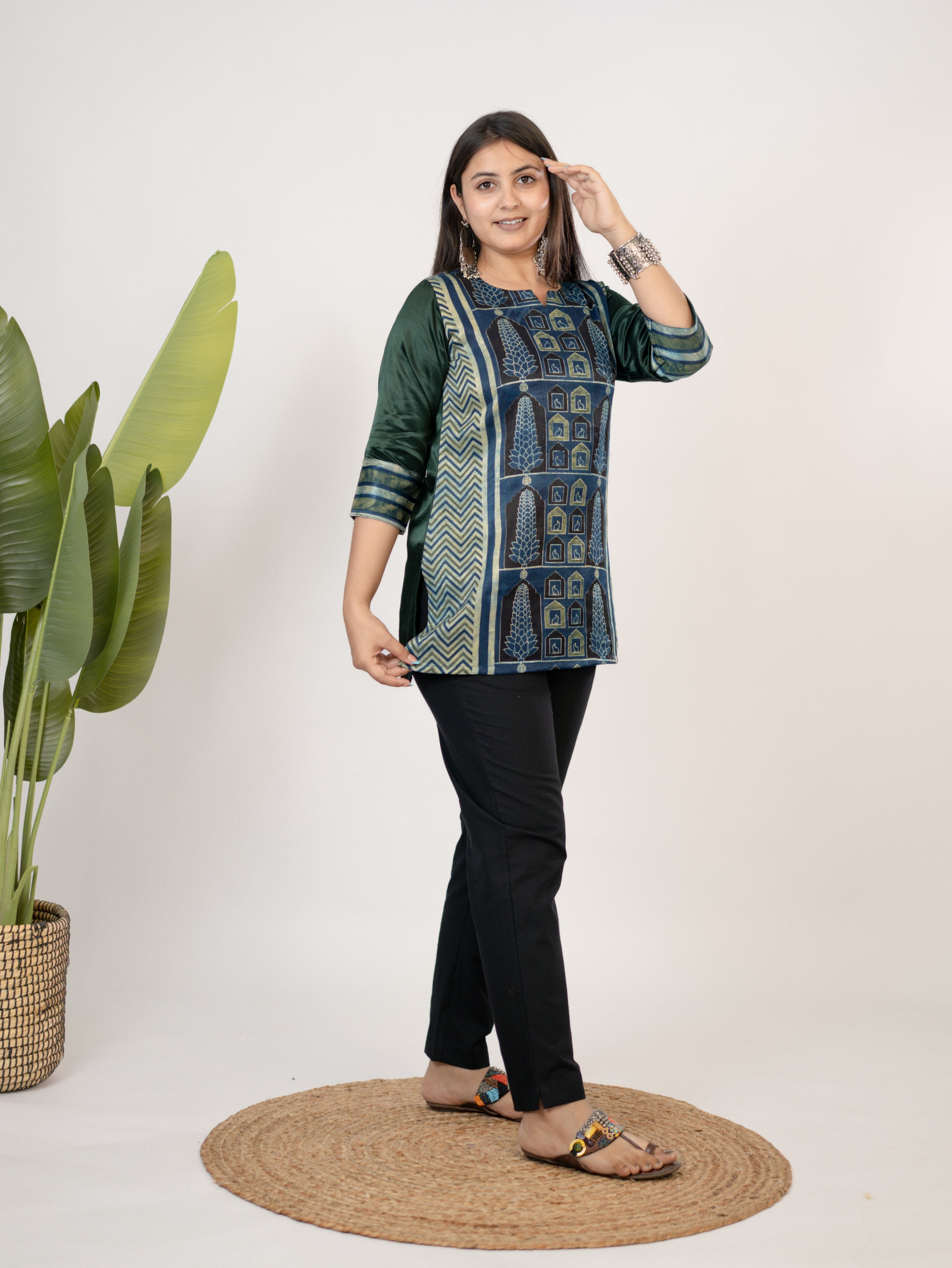 Kinjal Green Designer Mashru Silk Ajrakh Short Top
