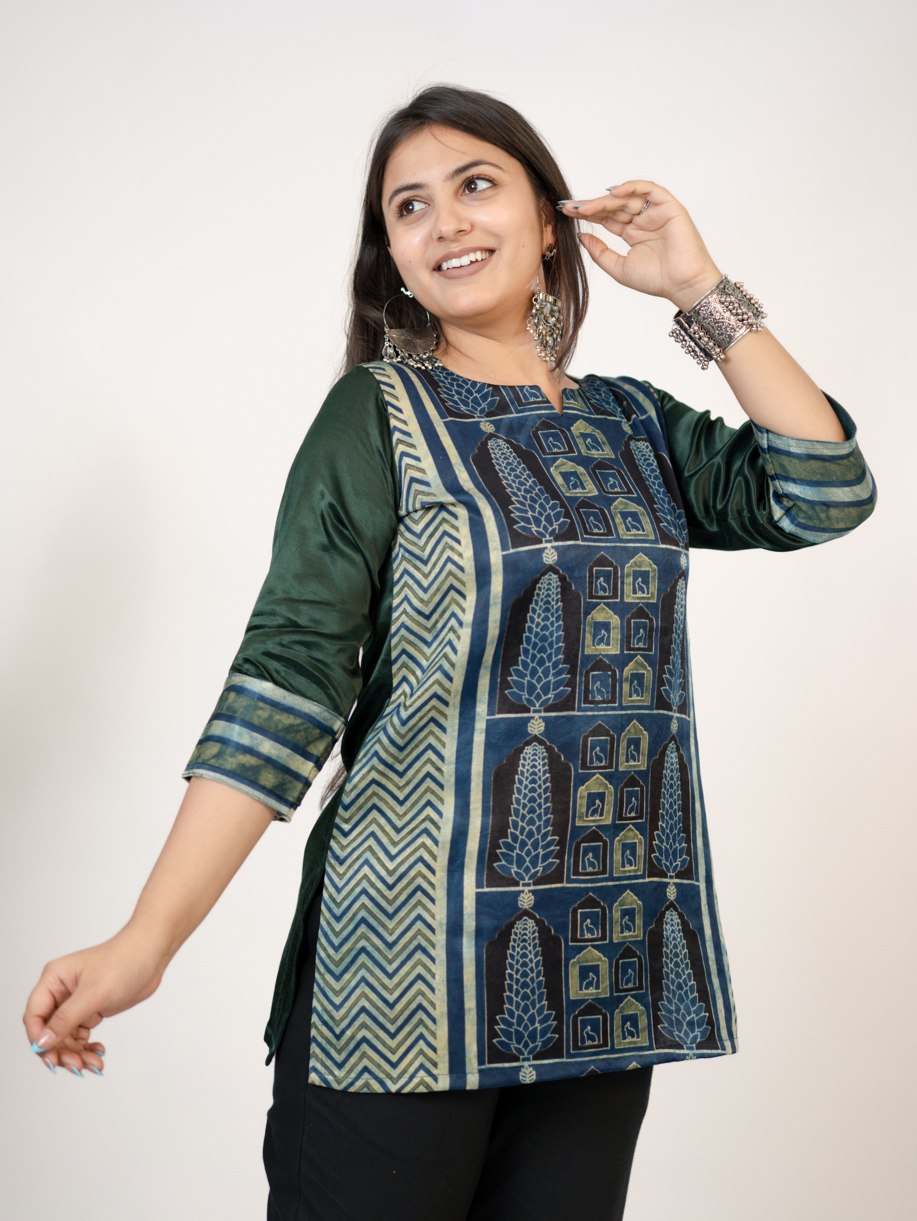 Kinjal Green Designer Mashru Silk Ajrakh Short Top