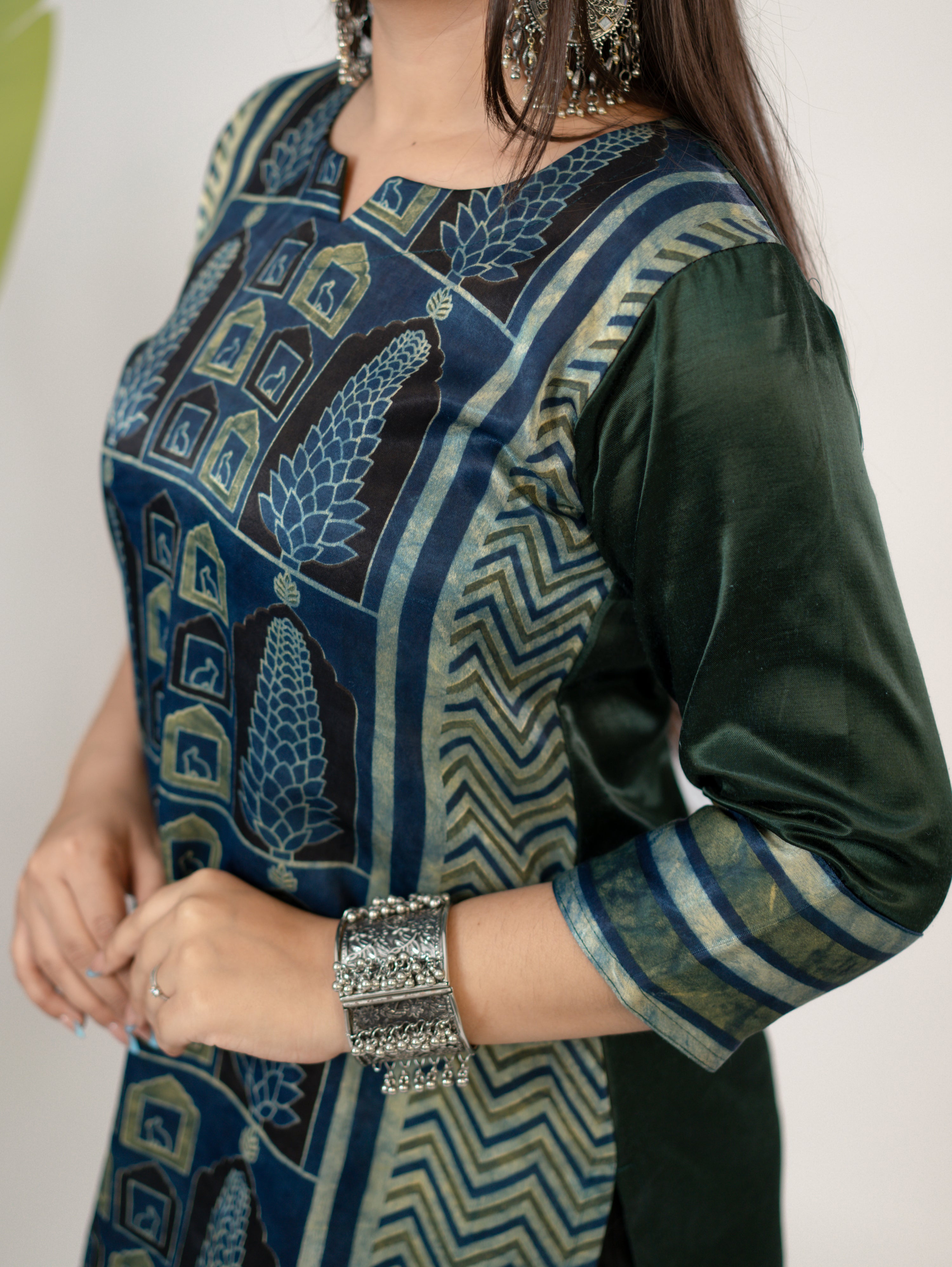 Kinjal Green Designer Mashru Silk Ajrakh Short Top