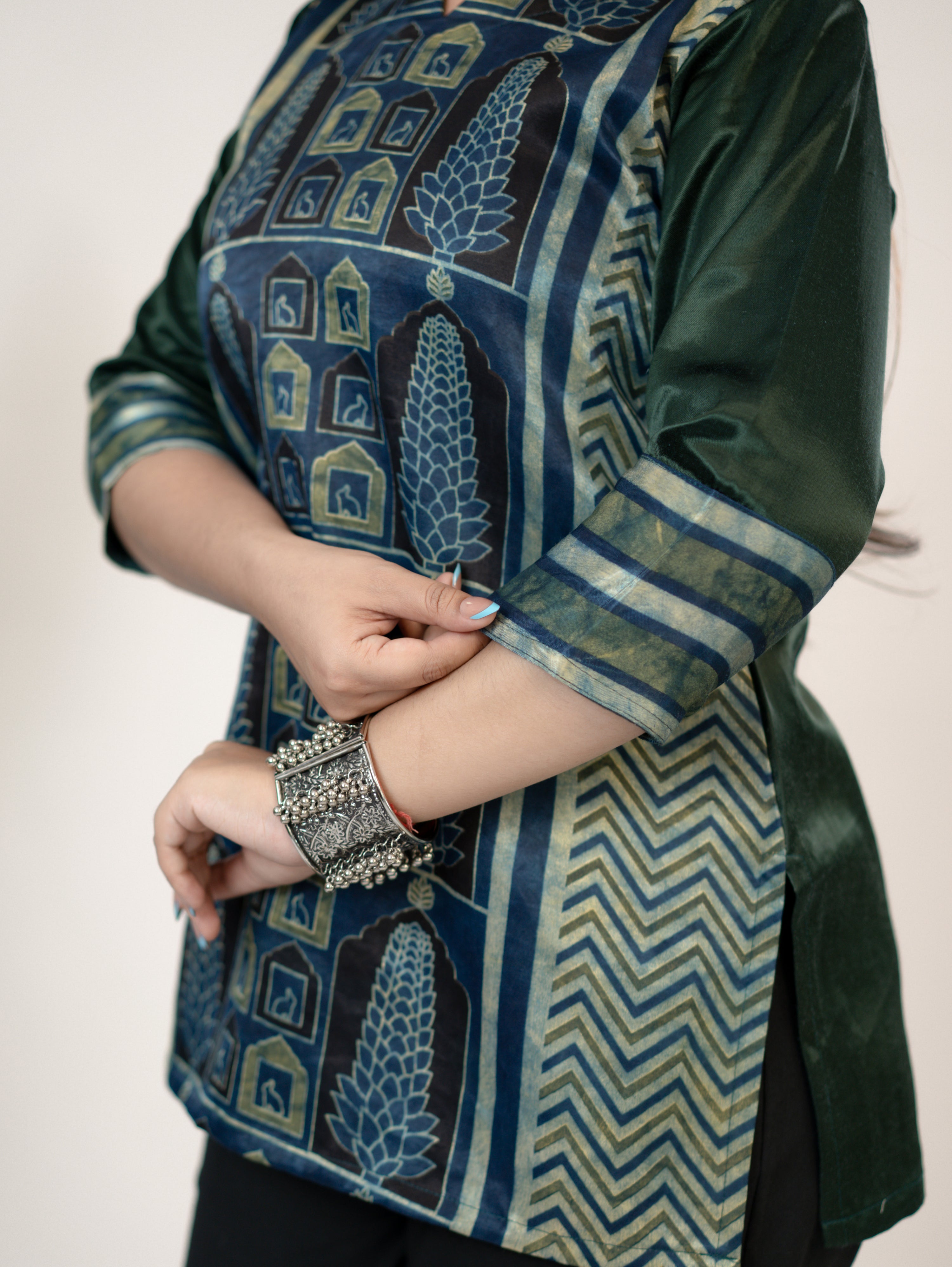 Kinjal Green Designer Mashru Silk Ajrakh Short Top