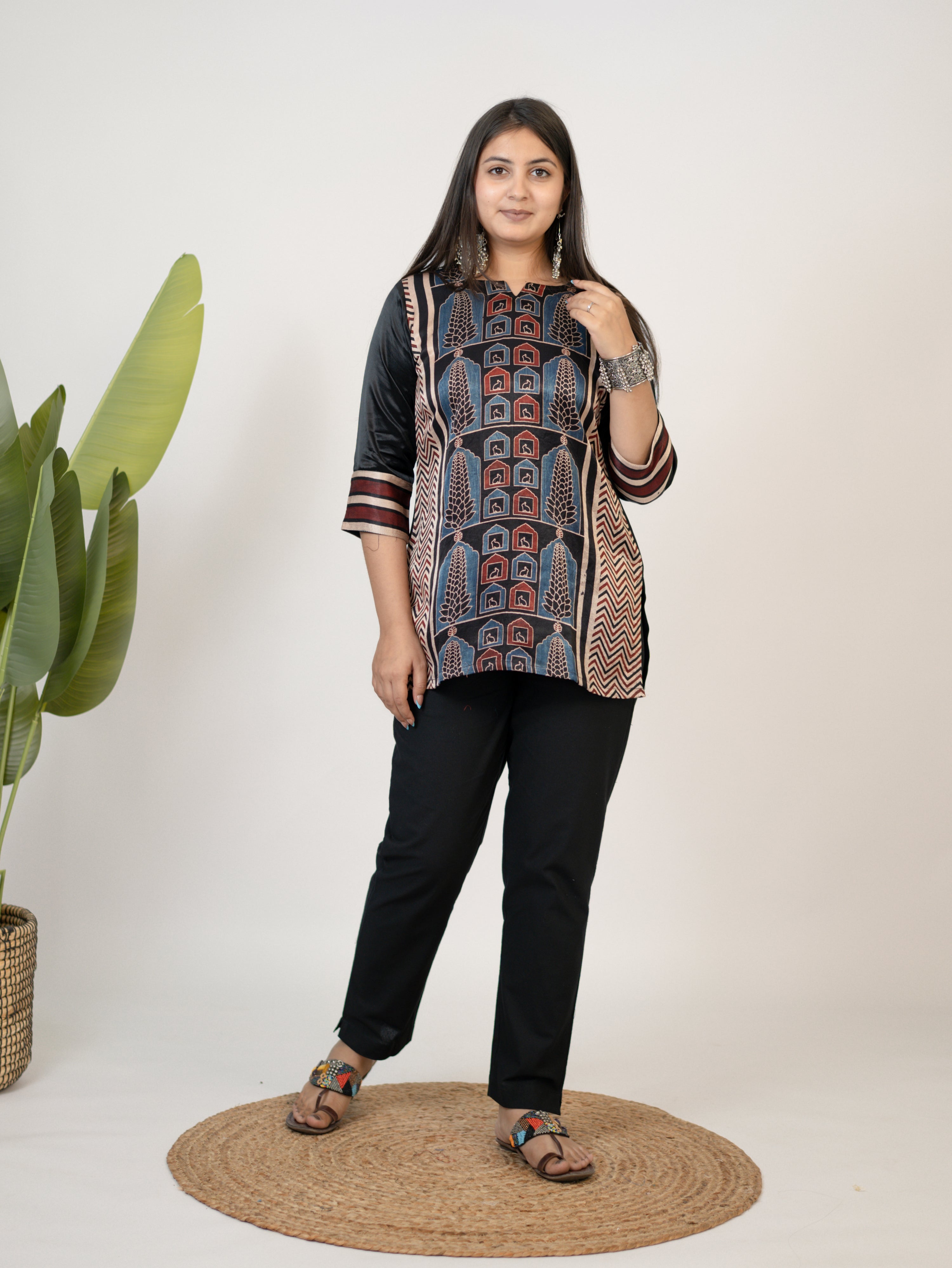 Kinjal Black Designer Mashru Silk Ajrakh Short Top