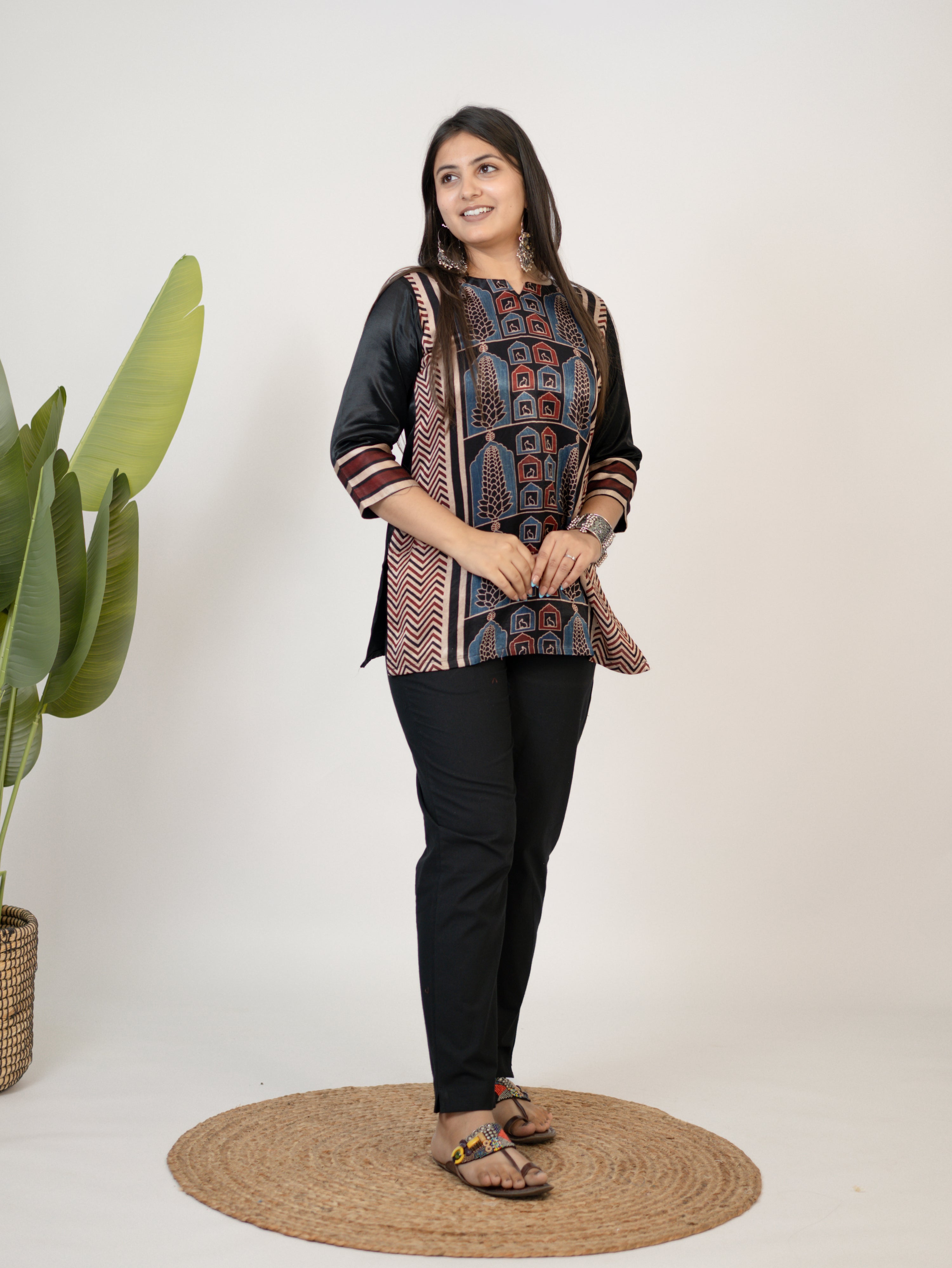 Kinjal Black Designer Mashru Silk Ajrakh Short Top