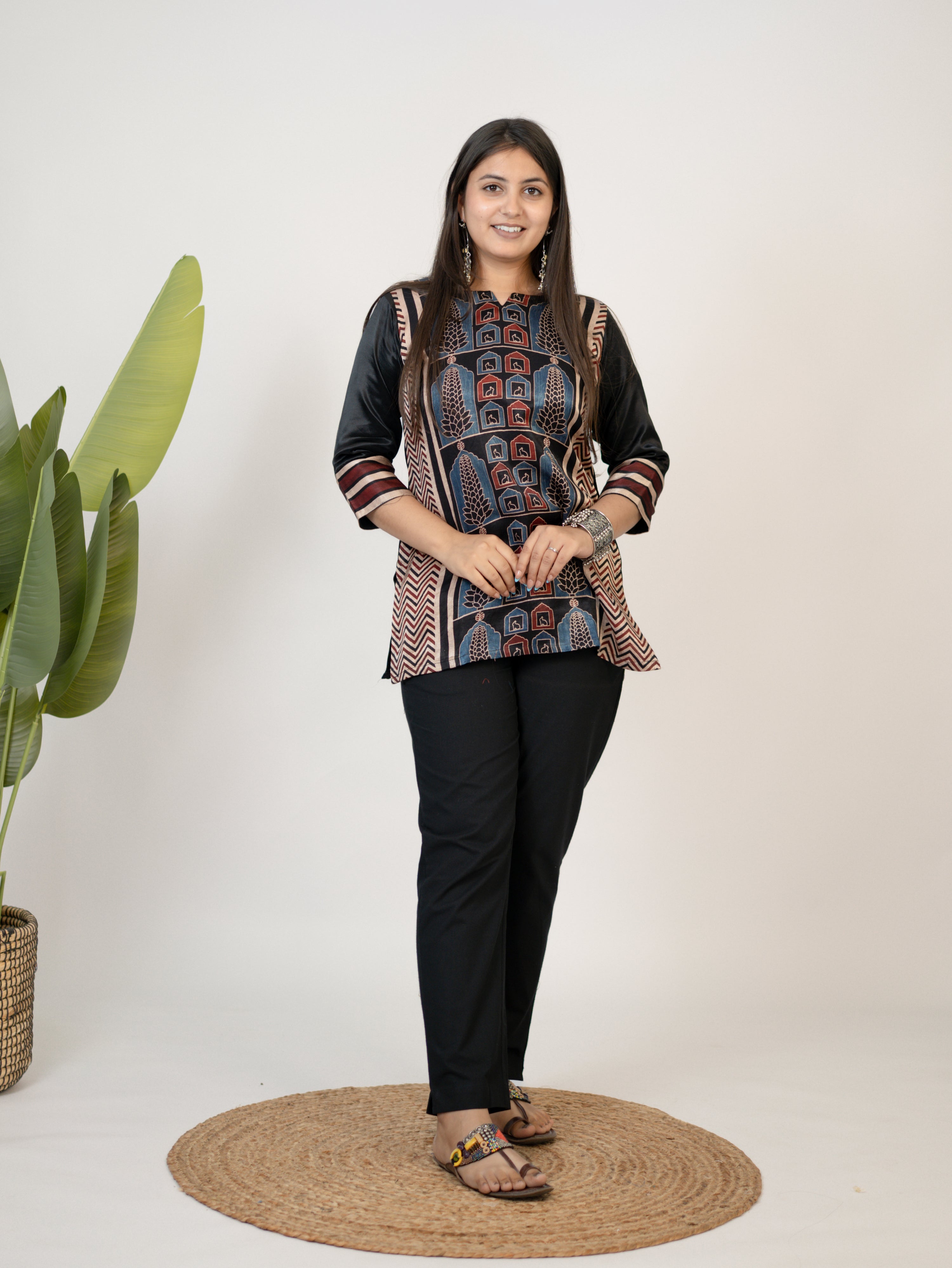 Kinjal Black Designer Mashru Silk Ajrakh Short Top