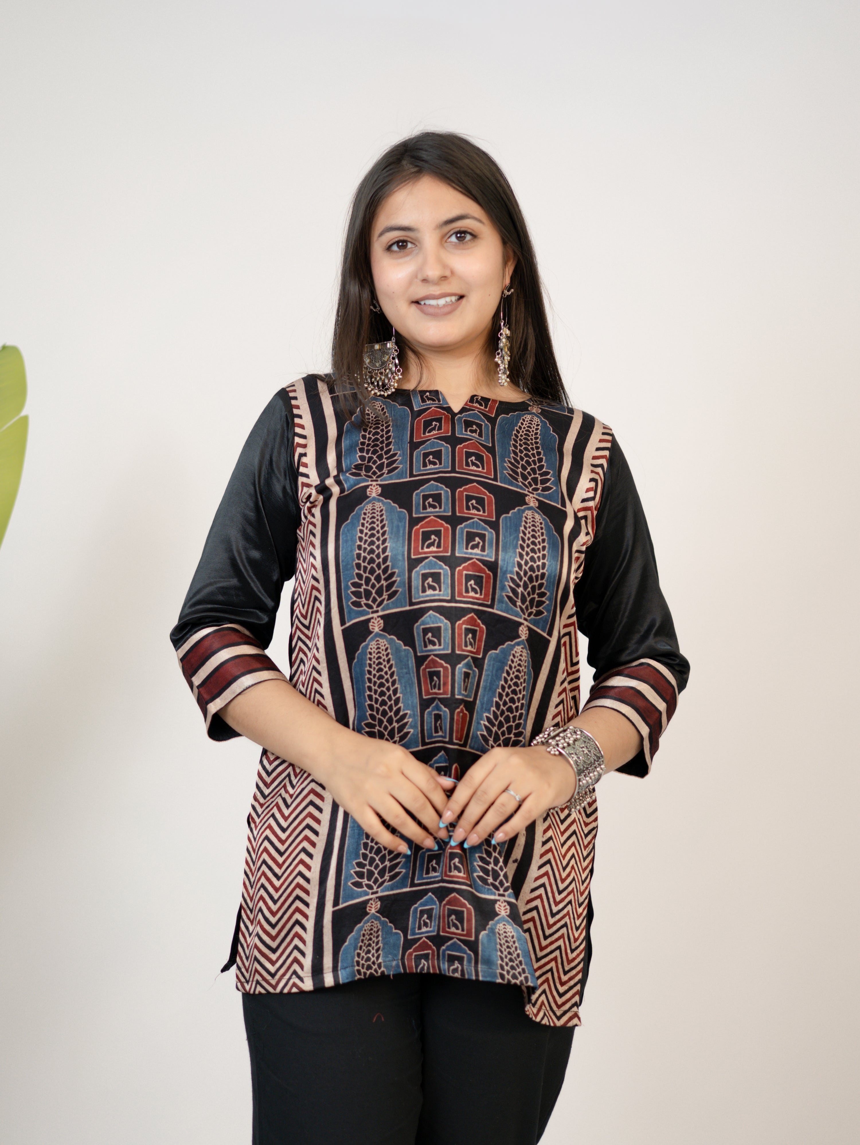 Kinjal Black Designer Mashru Silk Ajrakh Short Top