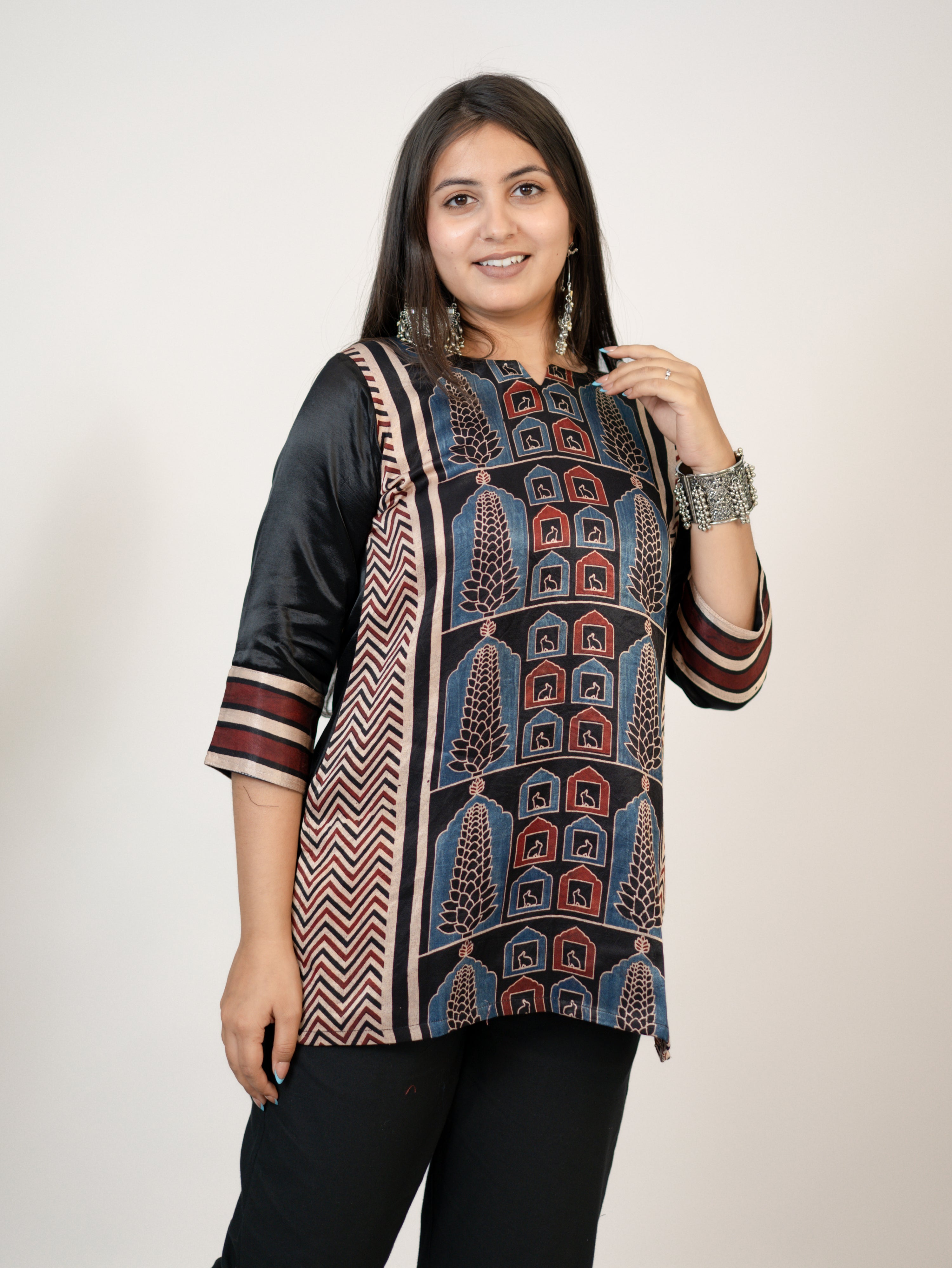 Kinjal Black Designer Mashru Silk Ajrakh Short Top