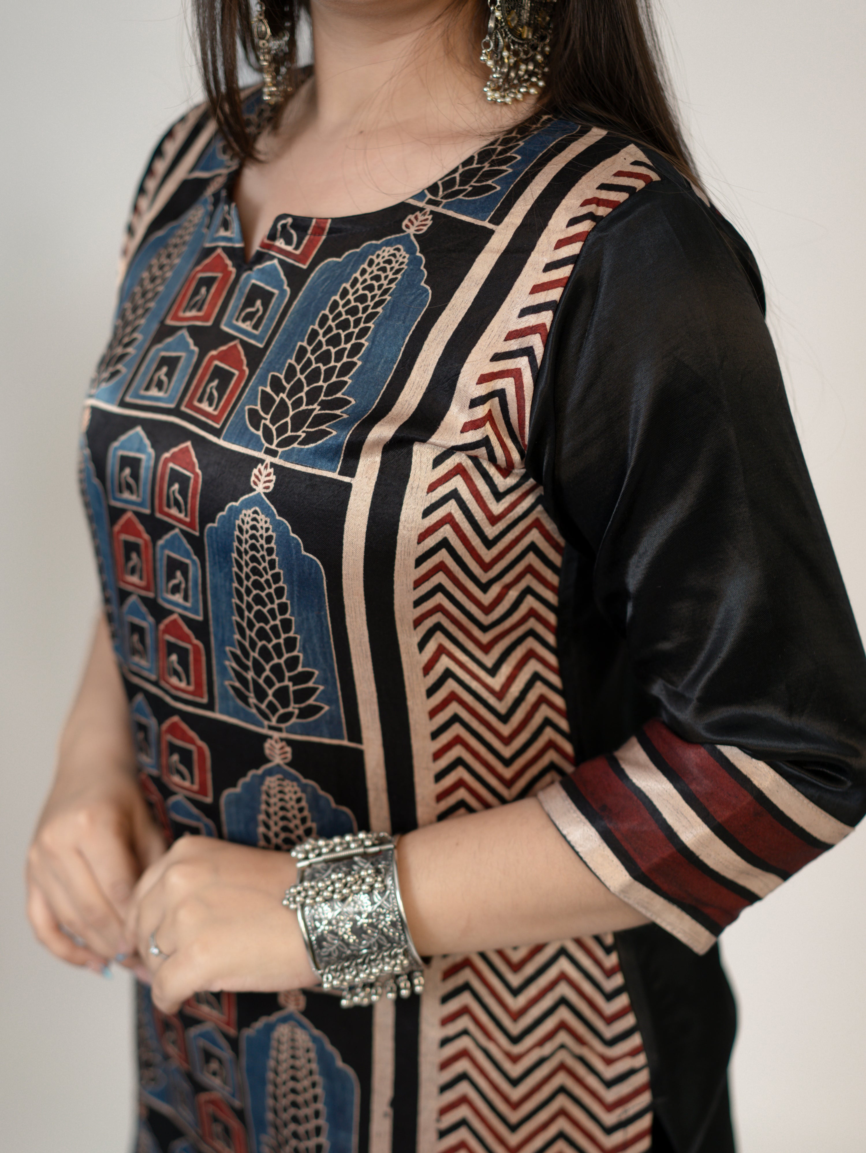 Kinjal Black Designer Mashru Silk Ajrakh Short Top