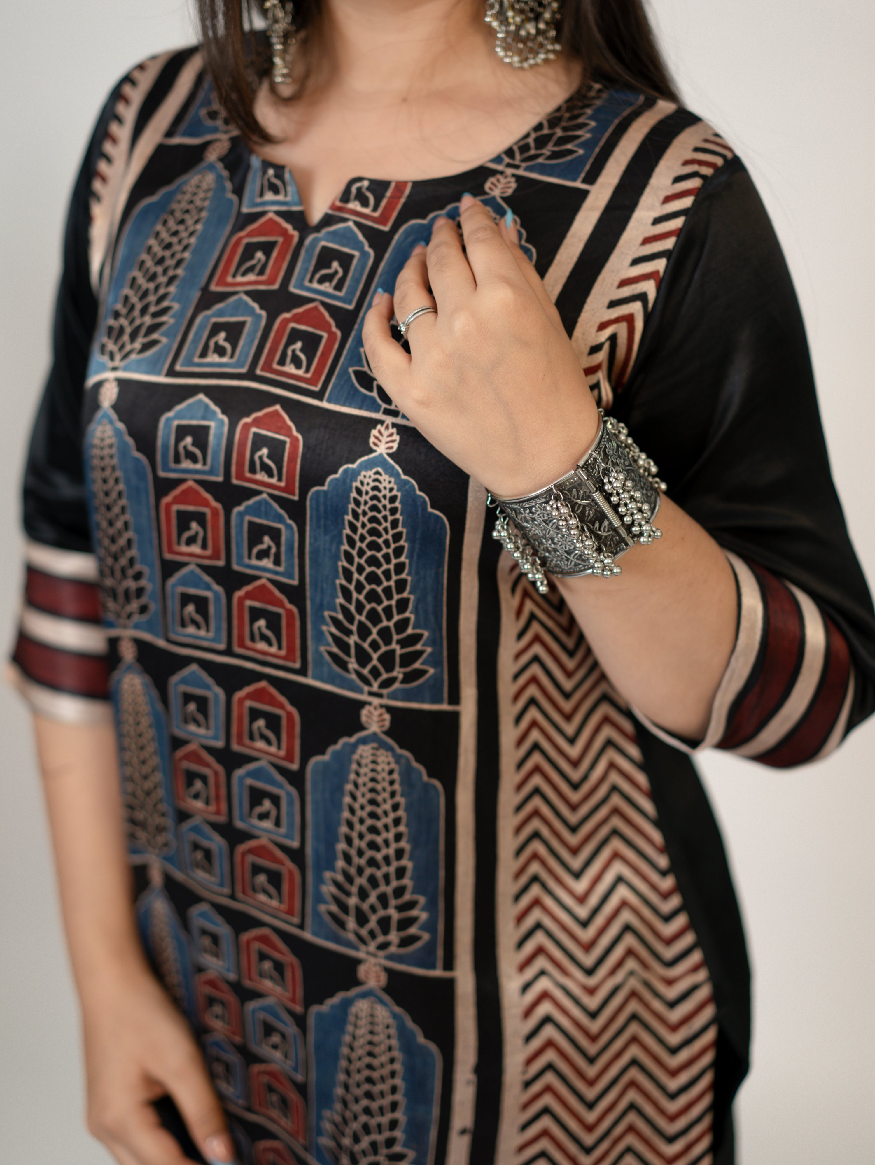 Kinjal Black Designer Mashru Silk Ajrakh Short Top
