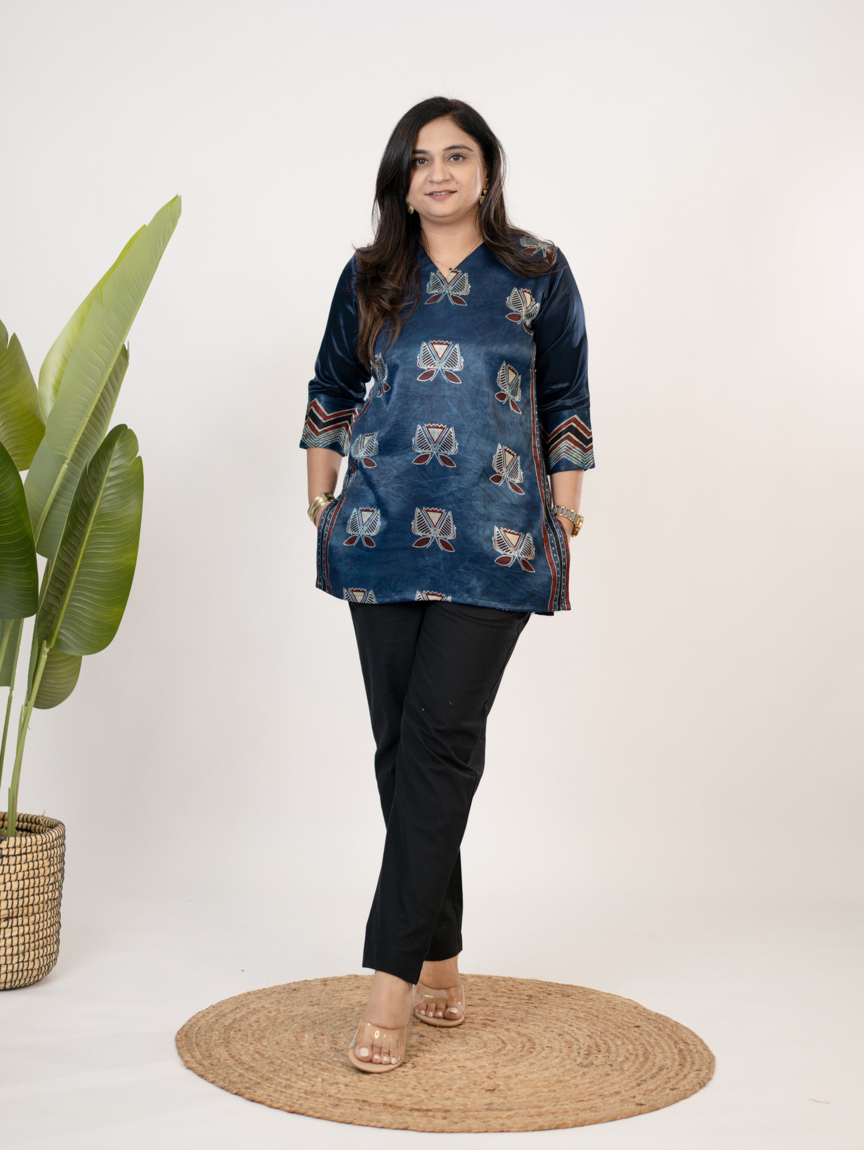 Saavi Blue Designer Mashru Silk Ajrakh Short Top