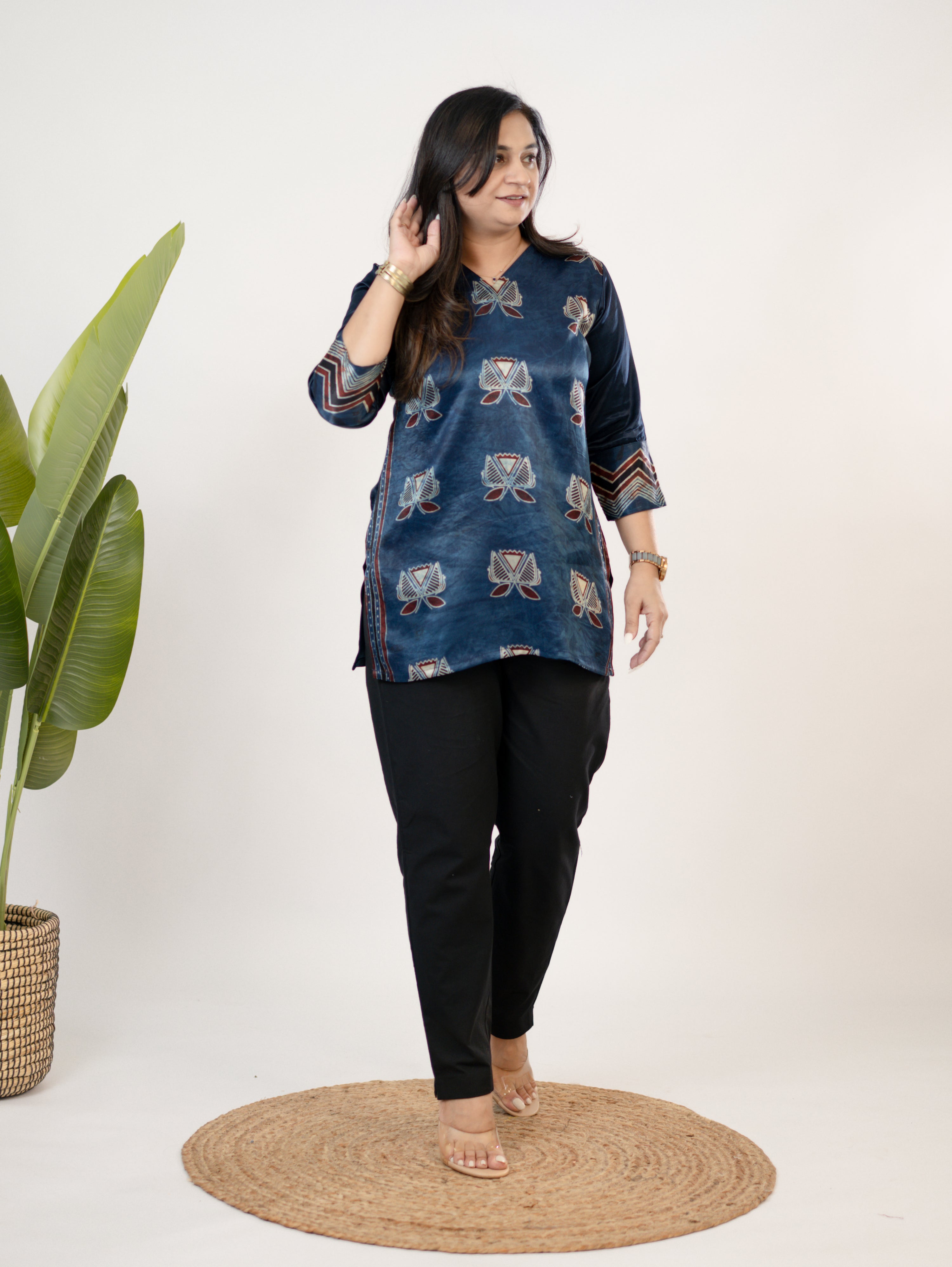 Saavi Blue Designer Mashru Silk Ajrakh Short Top