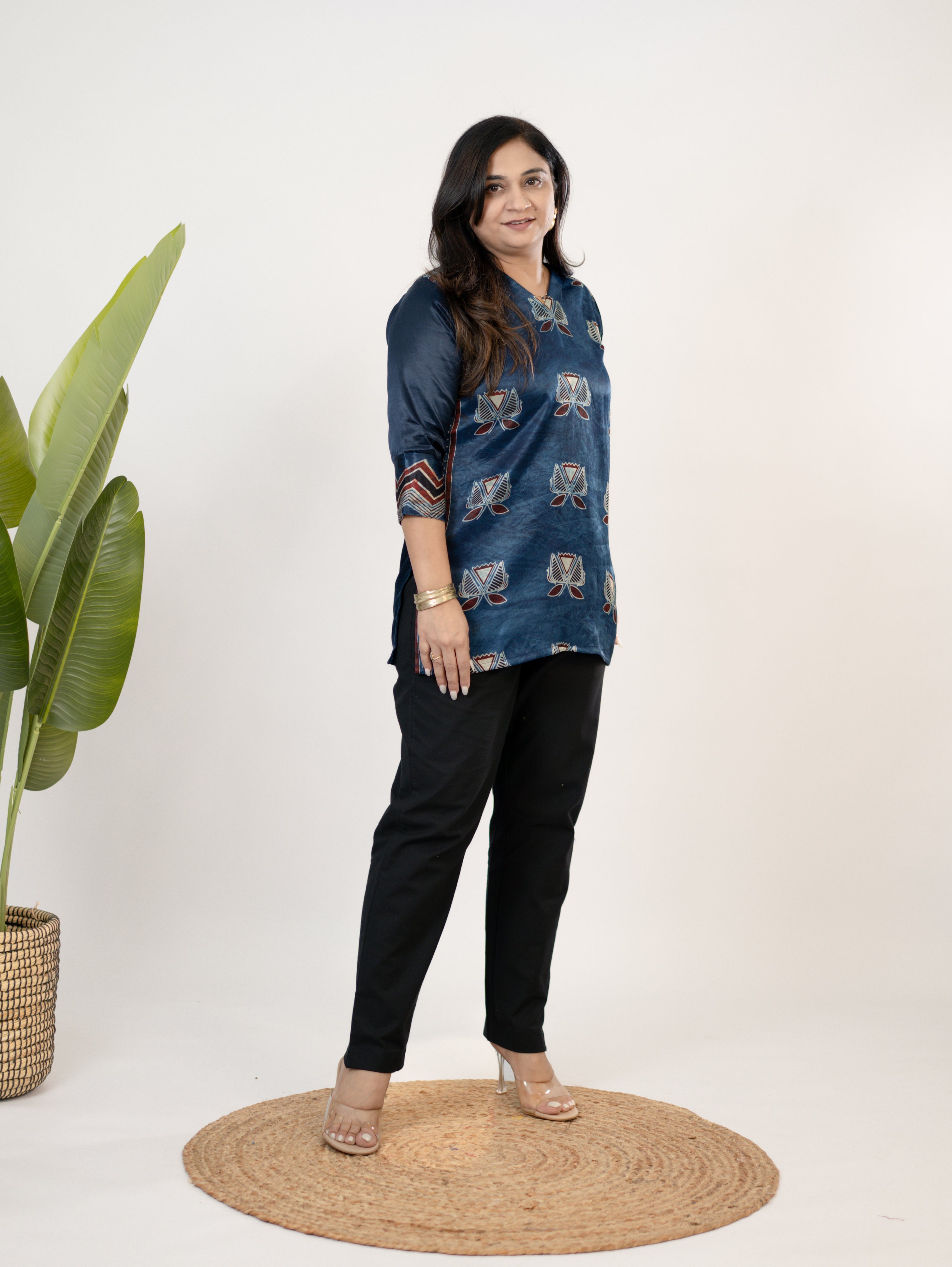 Saavi Blue Designer Mashru Silk Ajrakh Short Top