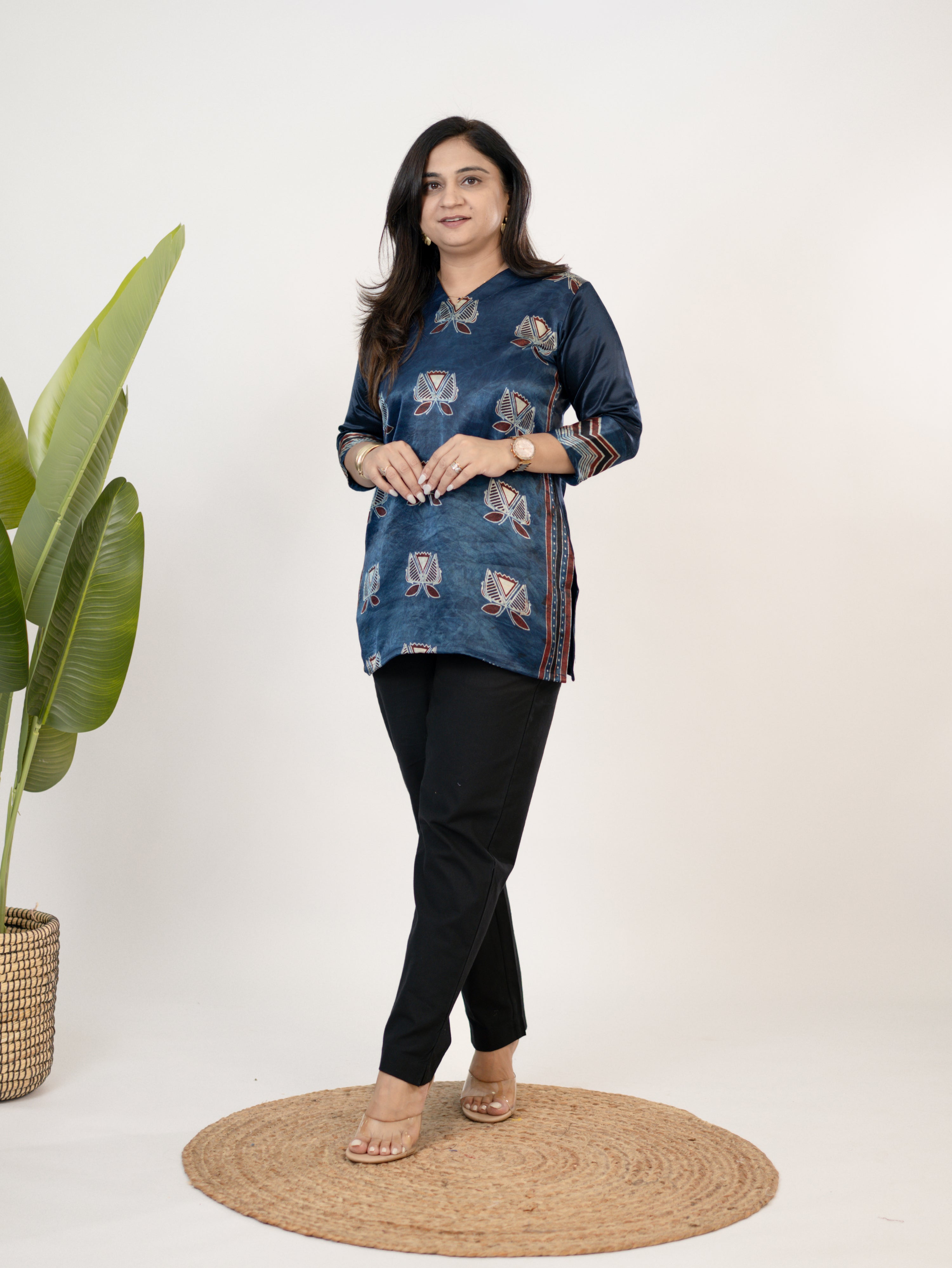 Saavi Blue Designer Mashru Silk Ajrakh Short Top