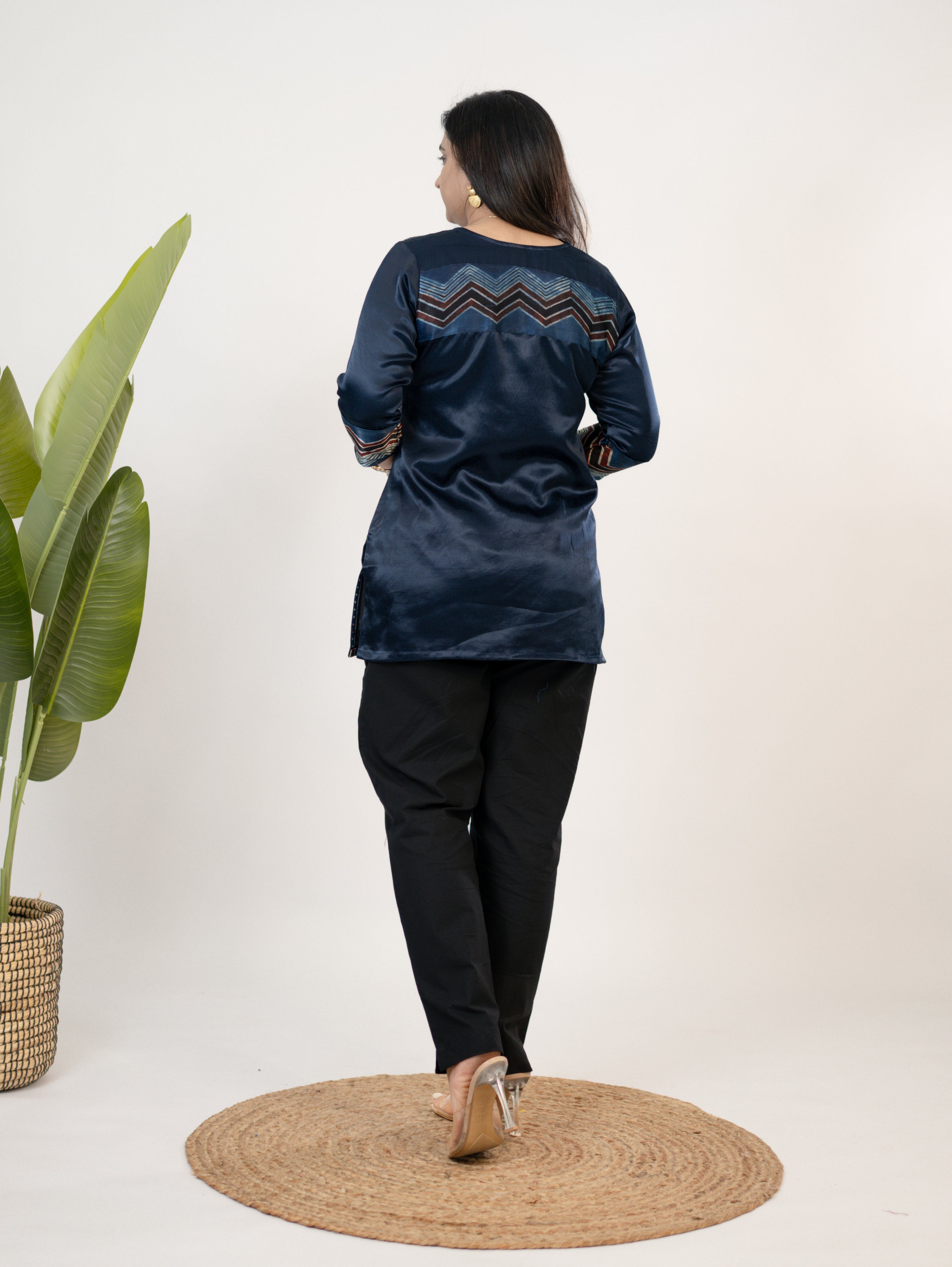 Saavi Blue Designer Mashru Silk Ajrakh Short Top