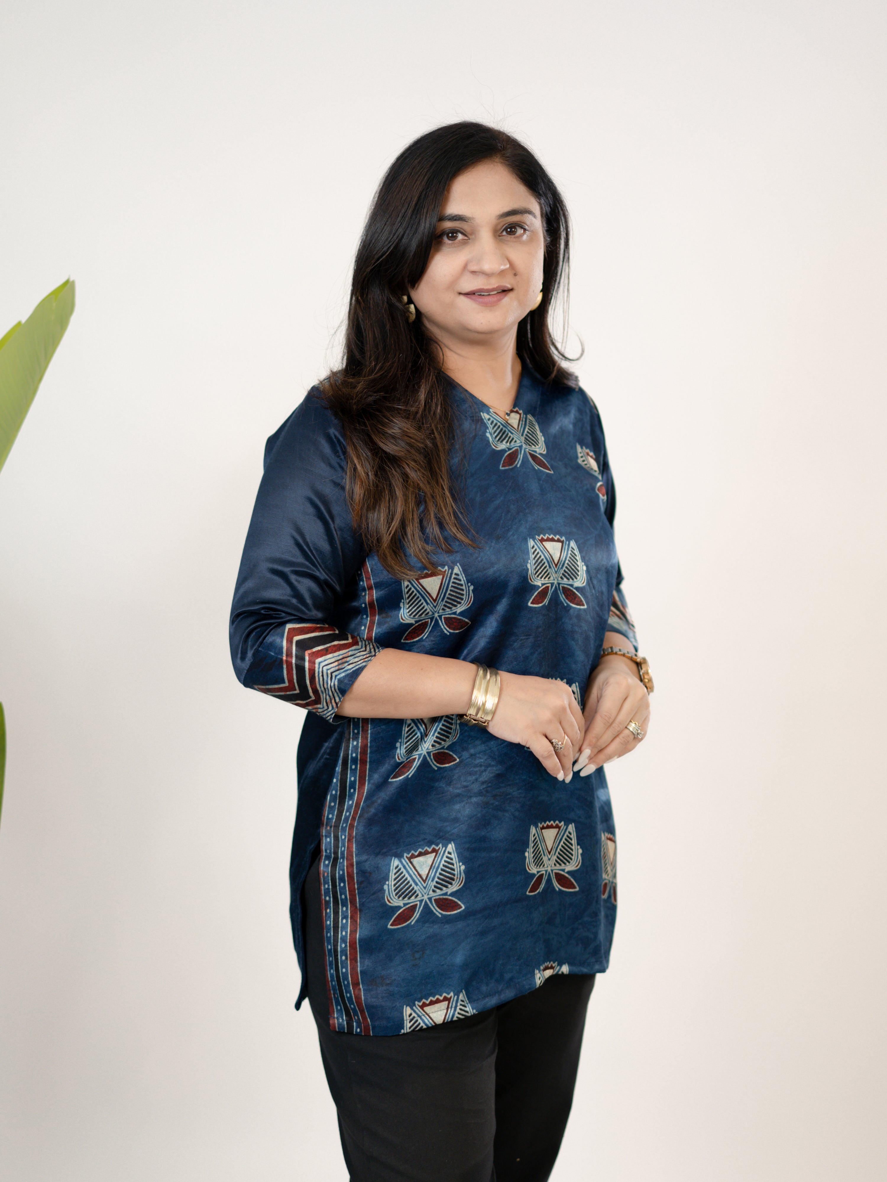 Saavi Blue Designer Mashru Silk Ajrakh Short Top