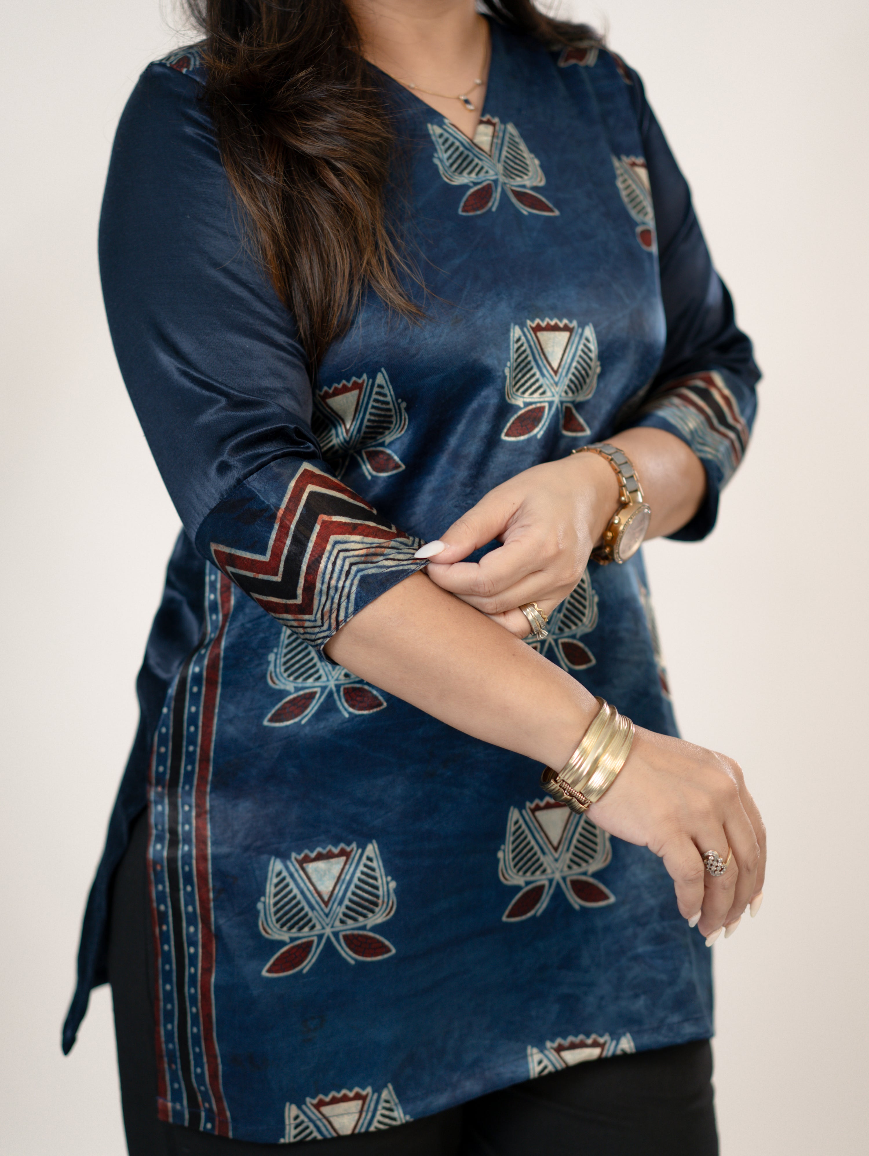 Saavi Blue Designer Mashru Silk Ajrakh Short Top