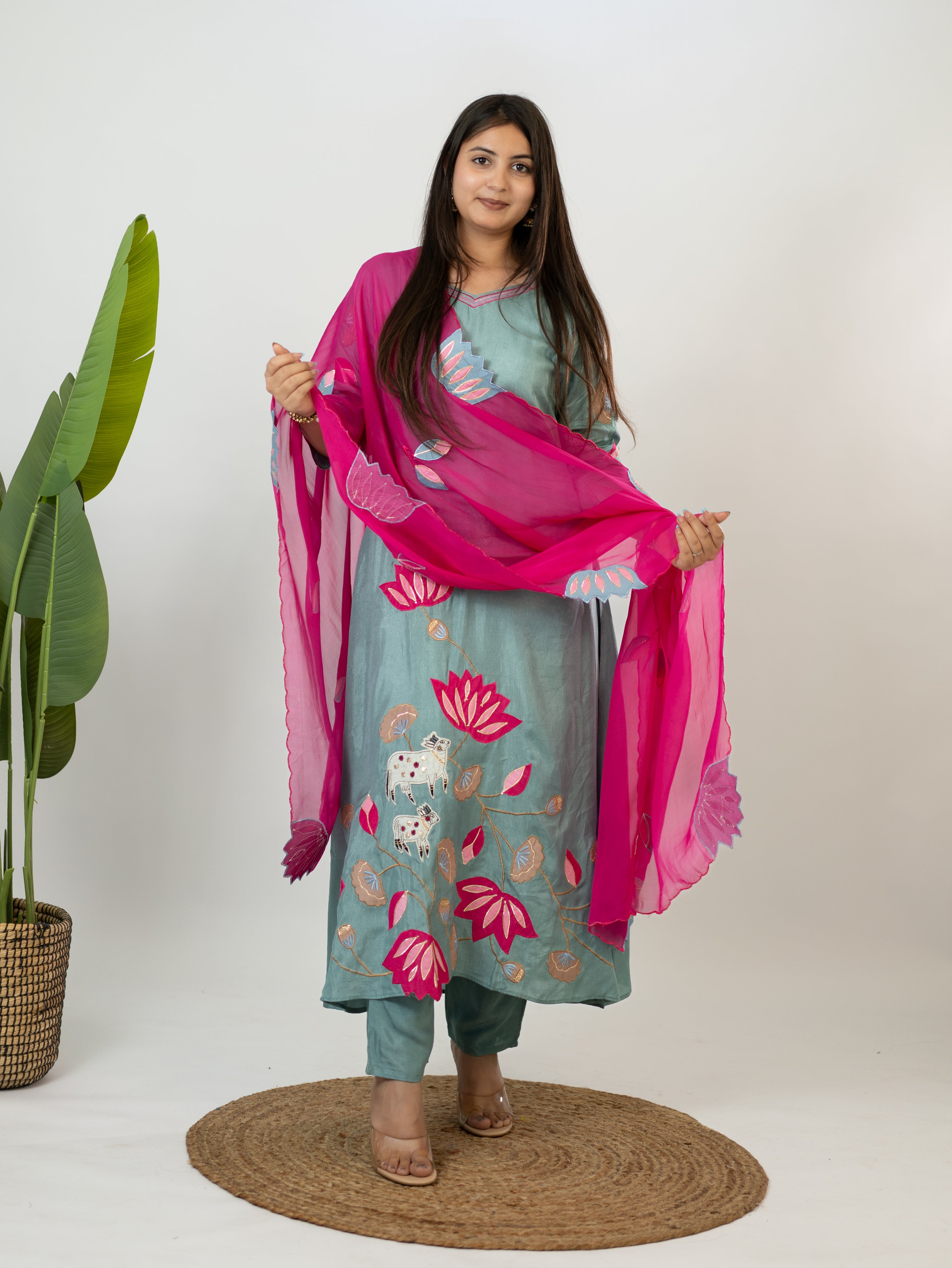Kiara Grey Russian Silk A-line Applique Deatiled Dupatta Set