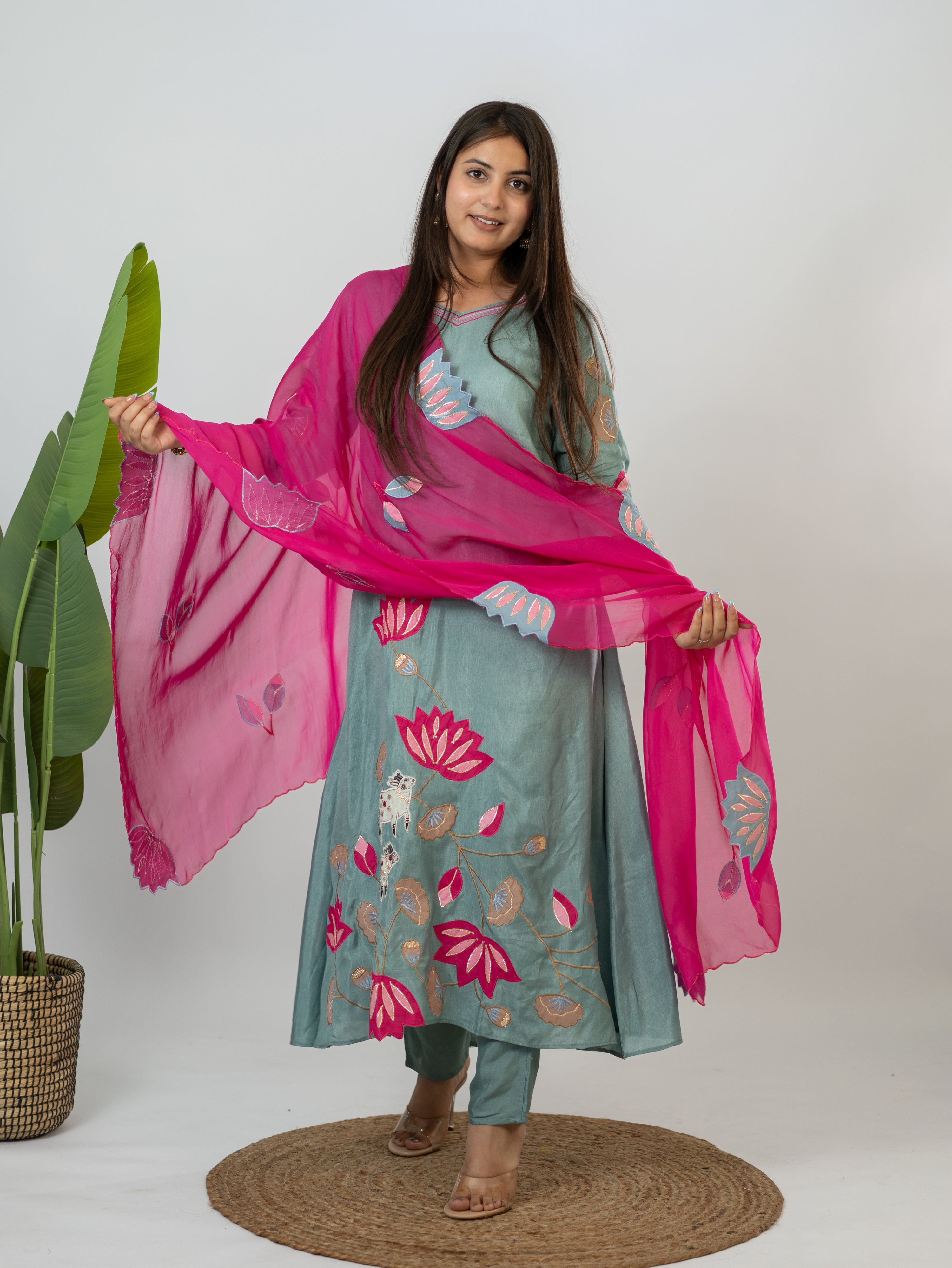 Kiara Grey Russian Silk A-line Applique Deatiled Dupatta Set