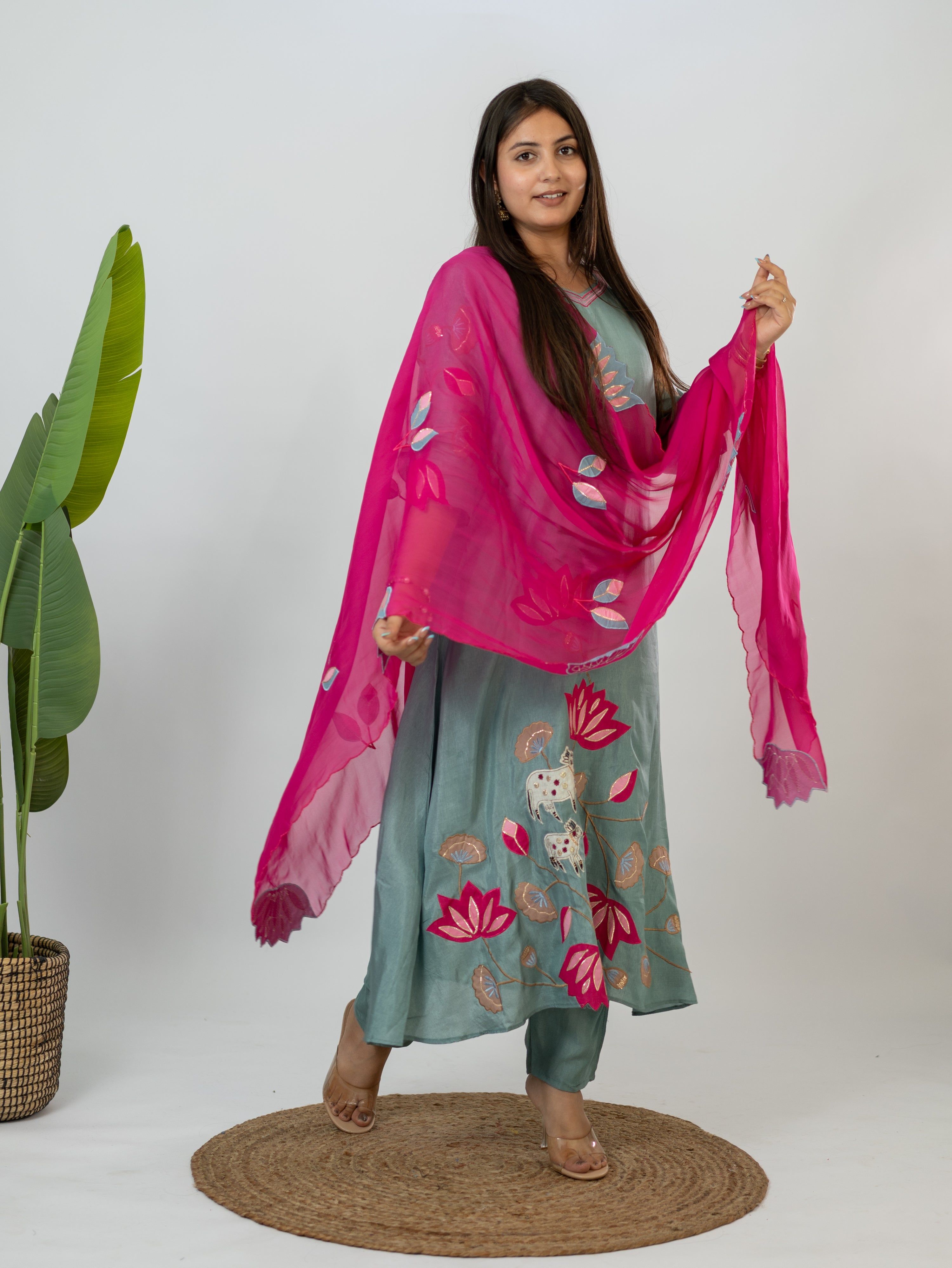 Kiara Grey Russian Silk A-line Applique Deatiled Dupatta Set