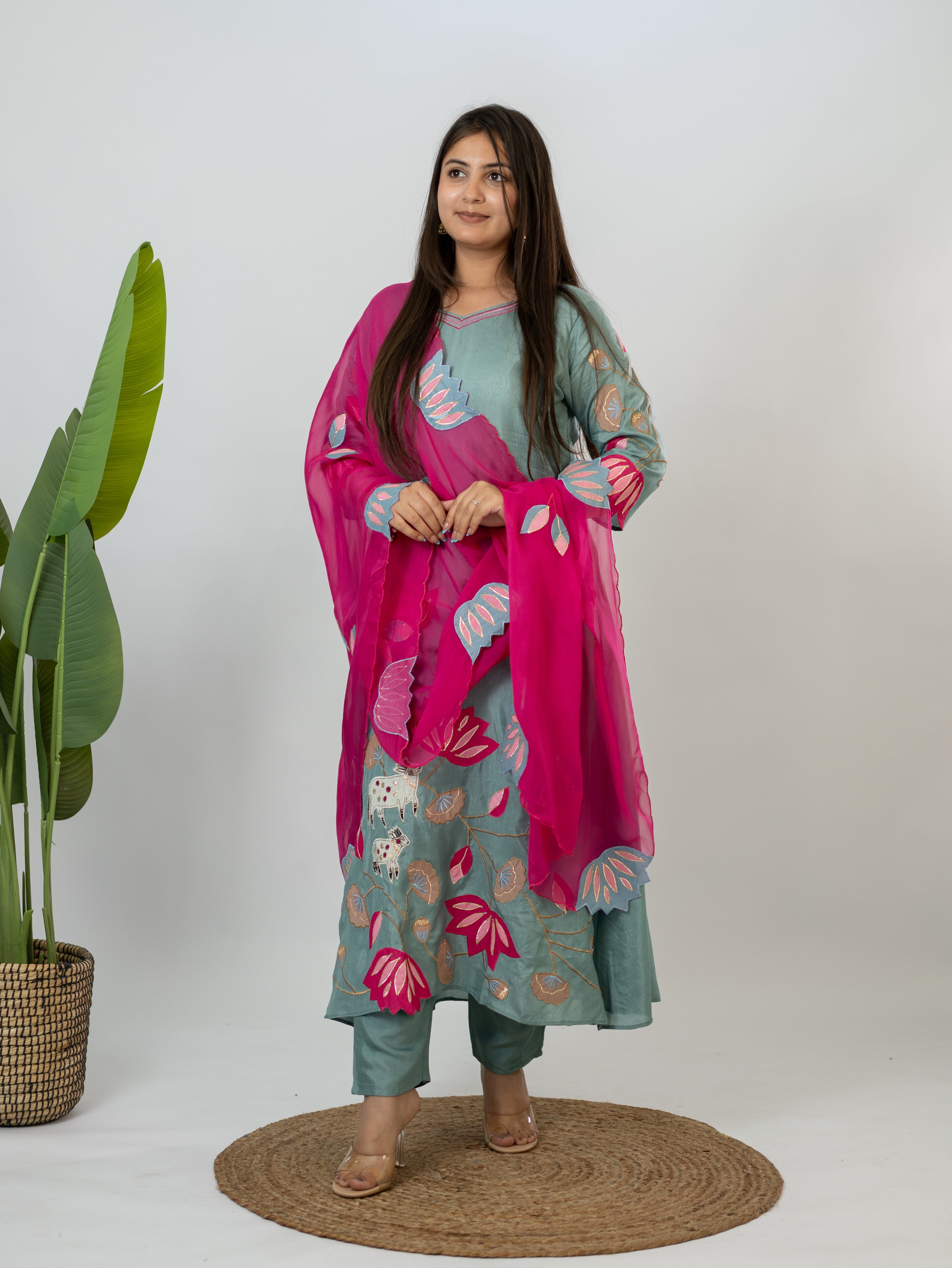 Kiara Grey Russian Silk A-line Applique Deatiled Dupatta Set