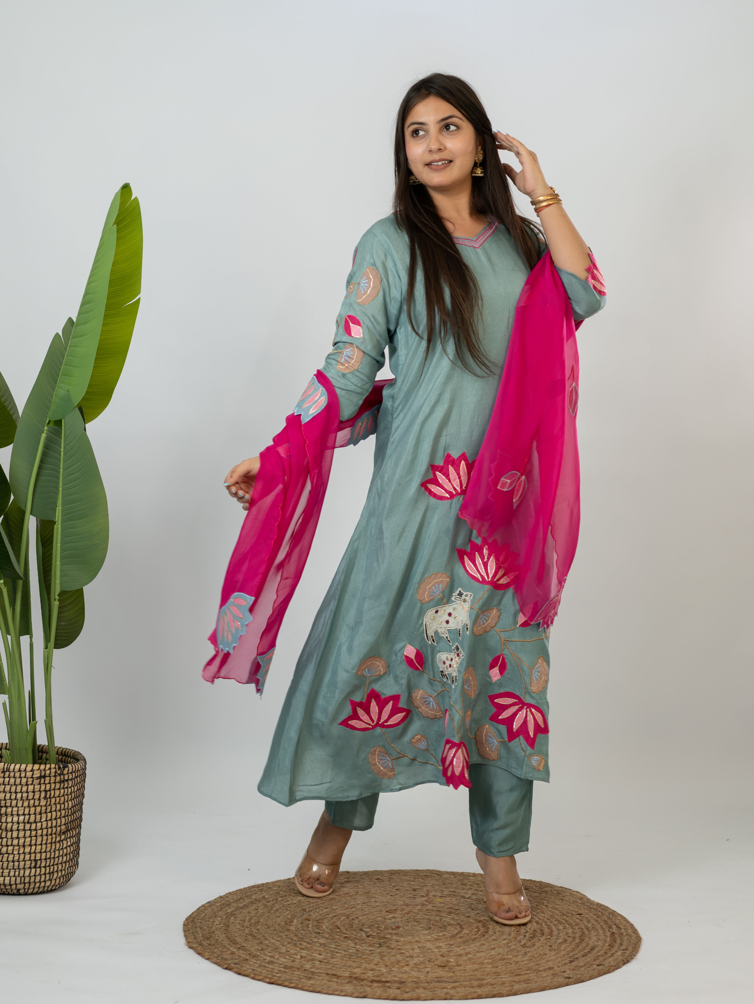 Kiara Grey Russian Silk A-line Applique Deatiled Dupatta Set
