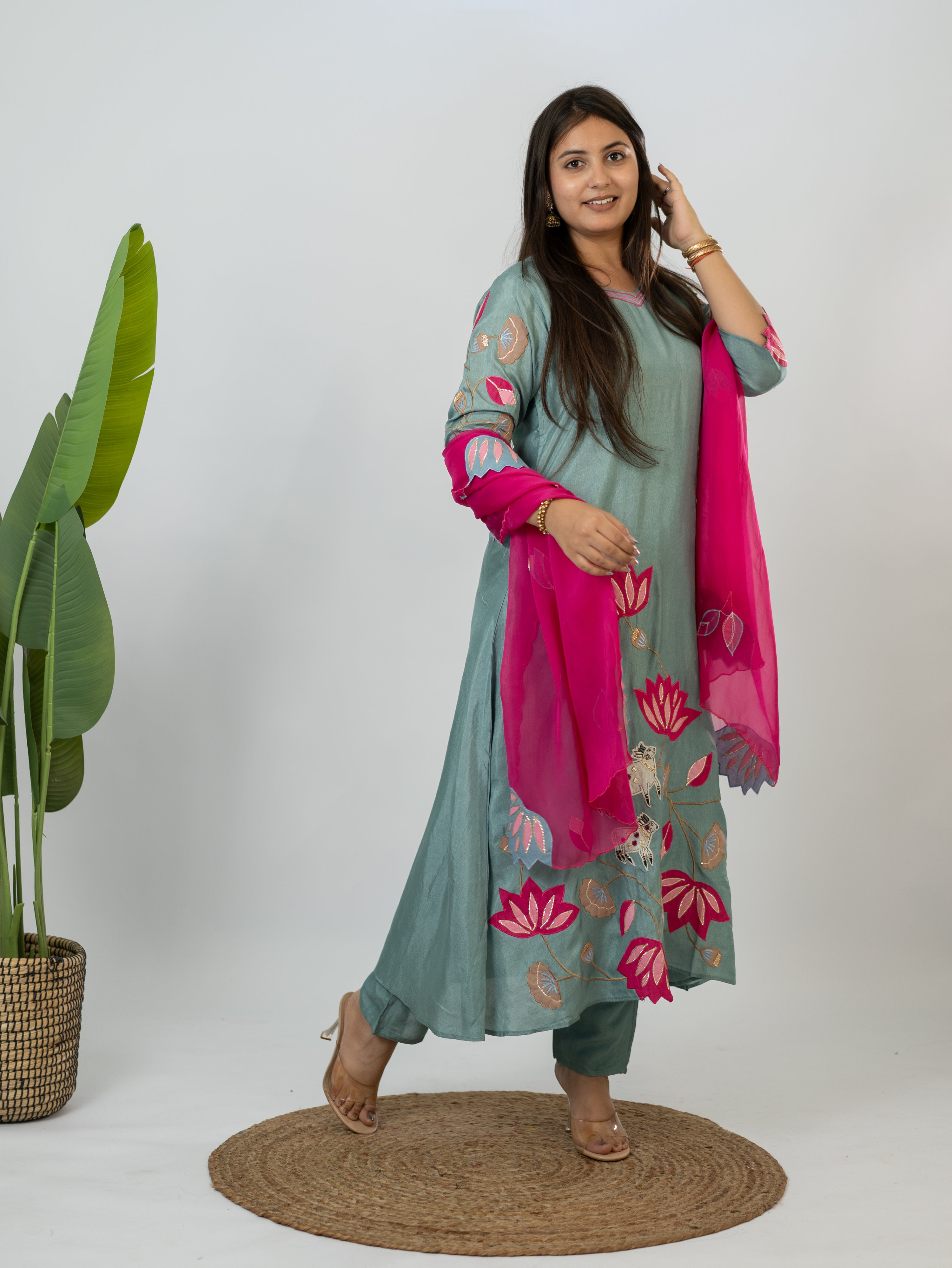 Kiara Grey Russian Silk A-line Applique Deatiled Dupatta Set